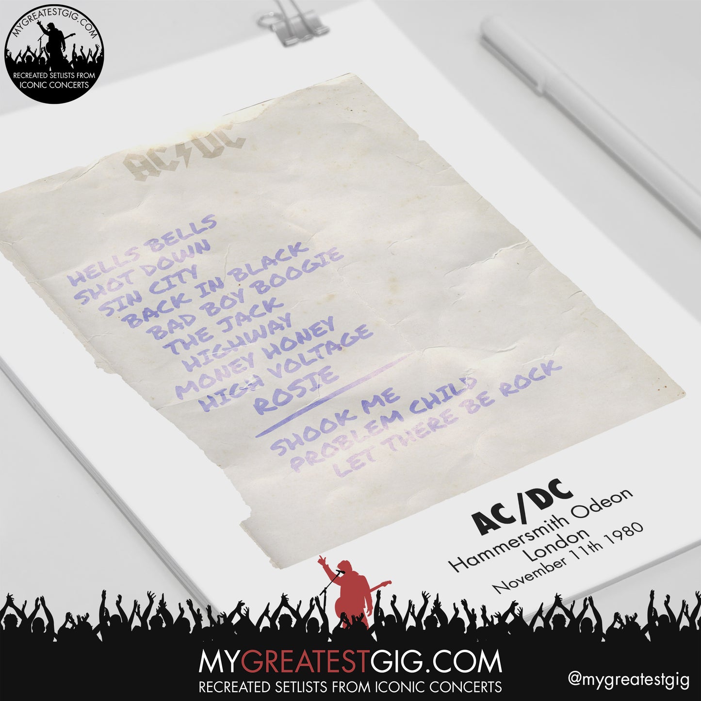 AC/DC - London - November 11th 1980 Recreated Setlist Poster