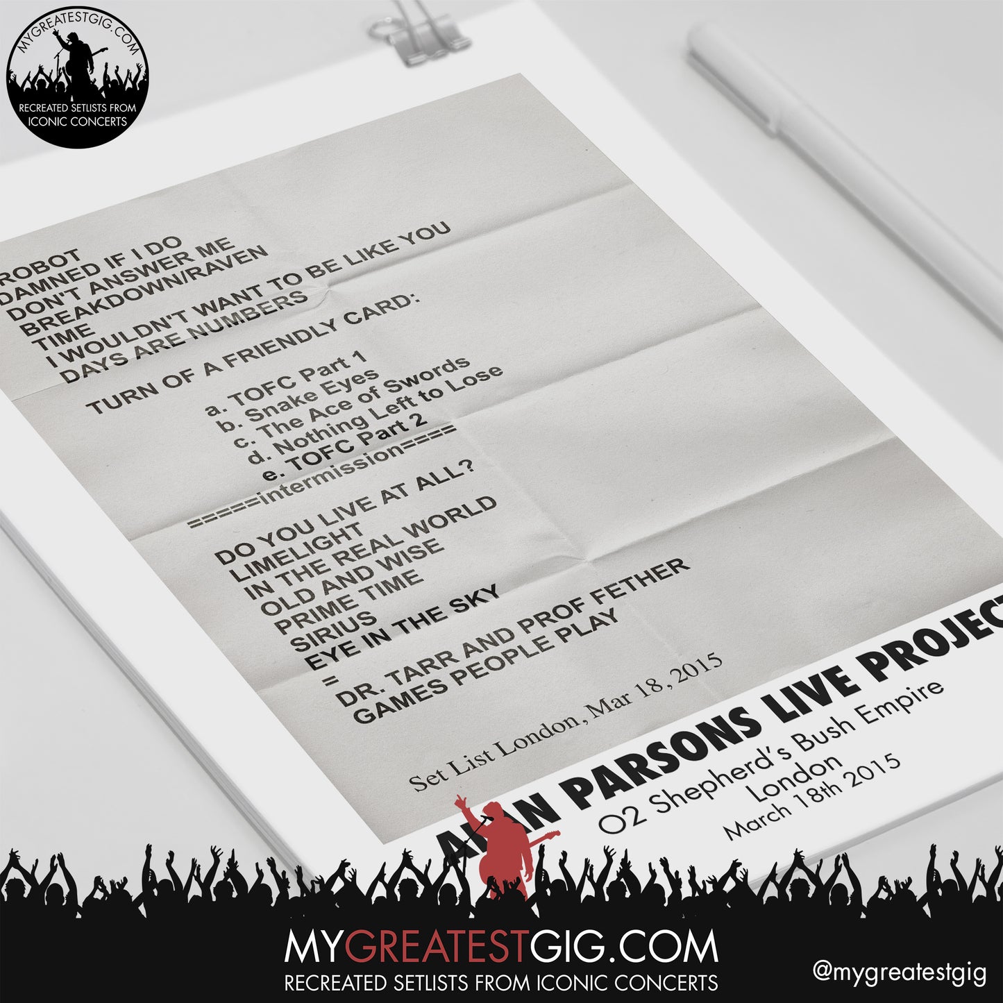 Alan Parsons Live Project - London - March 18th 2015 Replica Setlist Poster