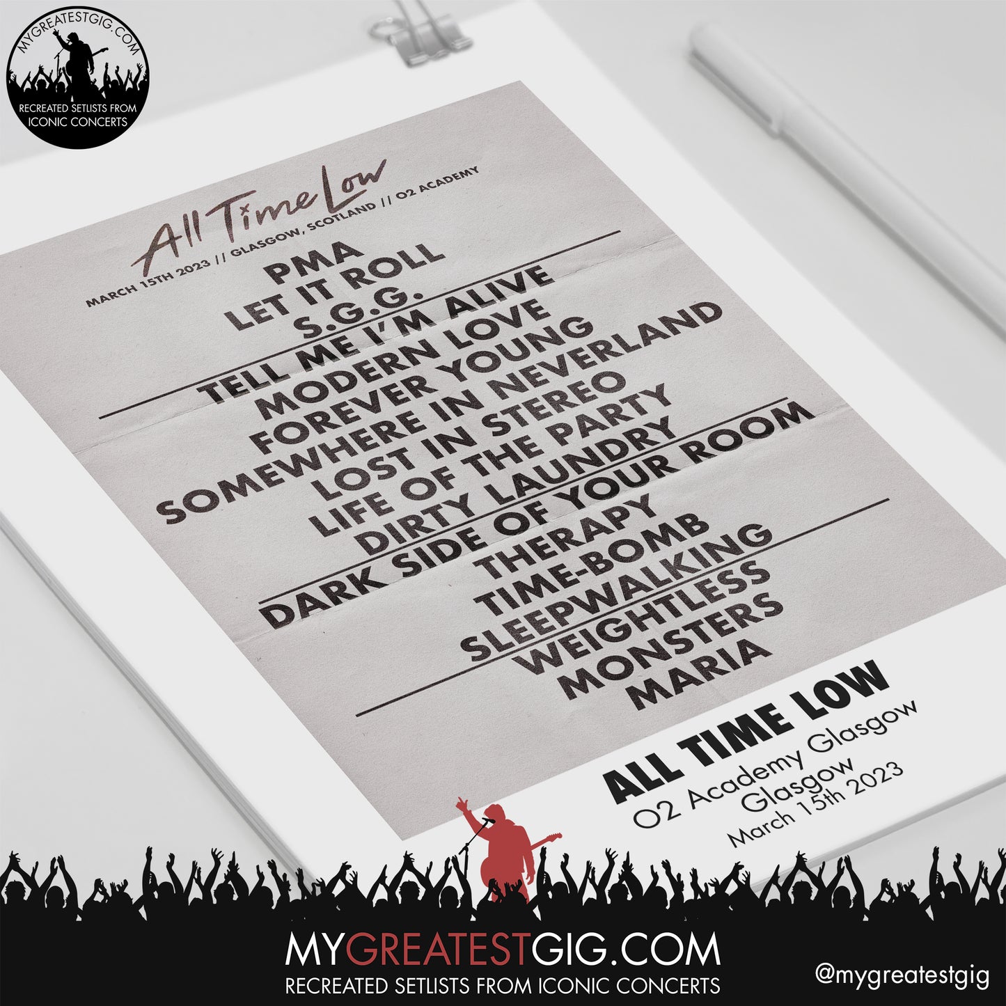 All Time Low - Glasgow - March 15th 2023 Recreated Setlist Poster