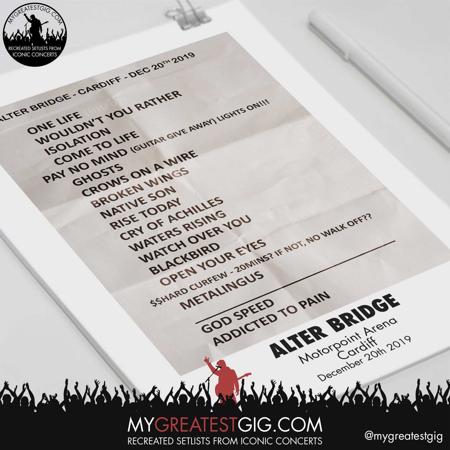 Alter Bridge - Cardiff - December 20th 2019 Replica Setlist Poster
