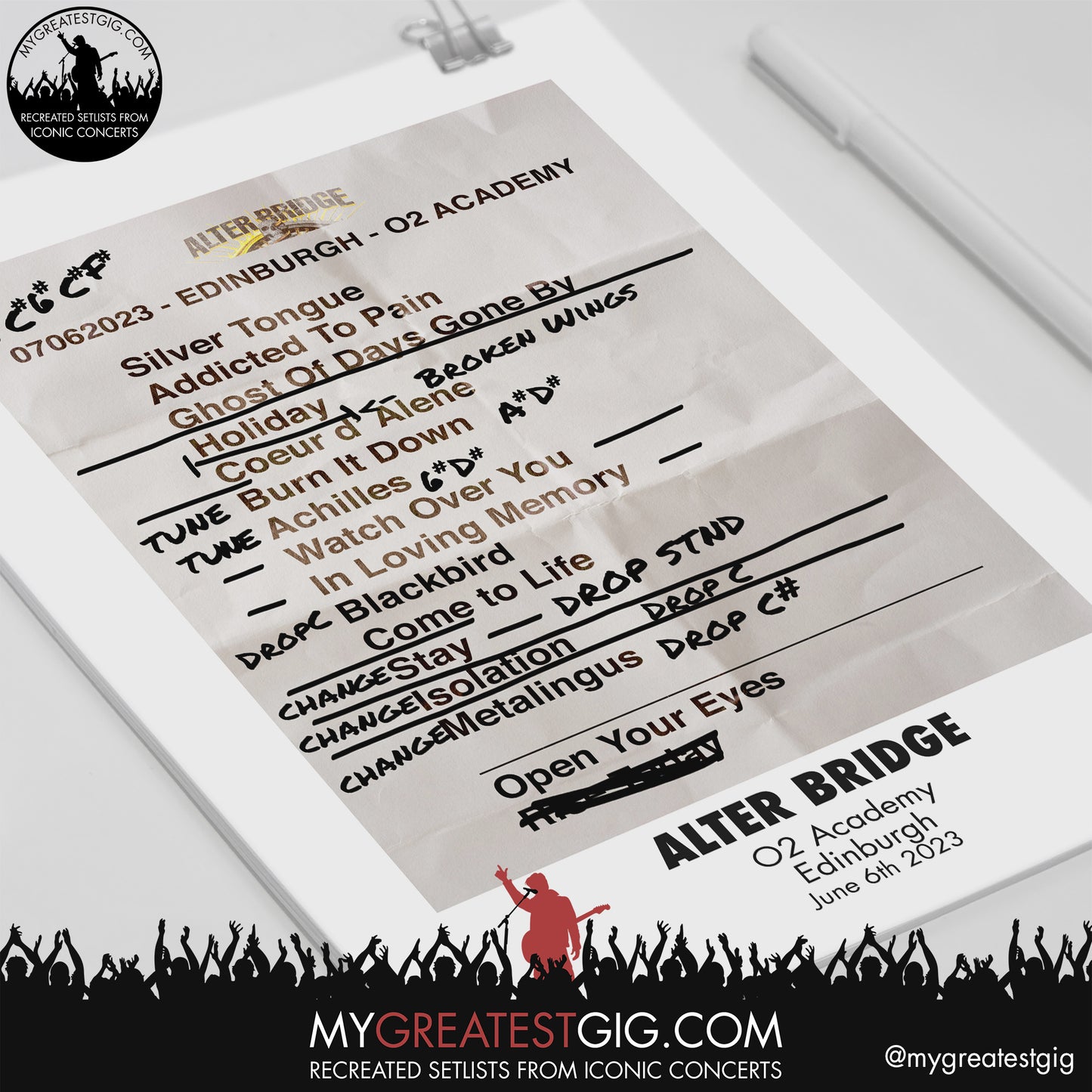 Alter Bridge - Edinburgh - June 6th 2023 Replica Setlist Poster