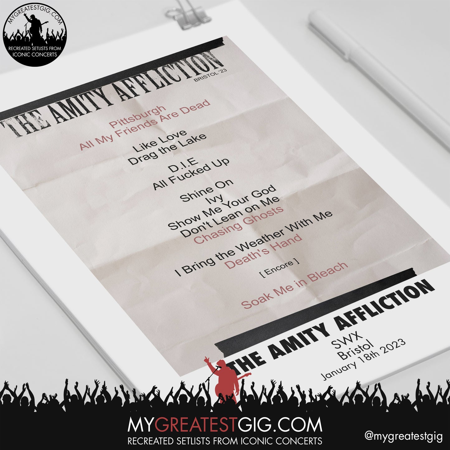 The Amity Affliction - Bristol - January 18th 2023 Recreated Setlist Poster