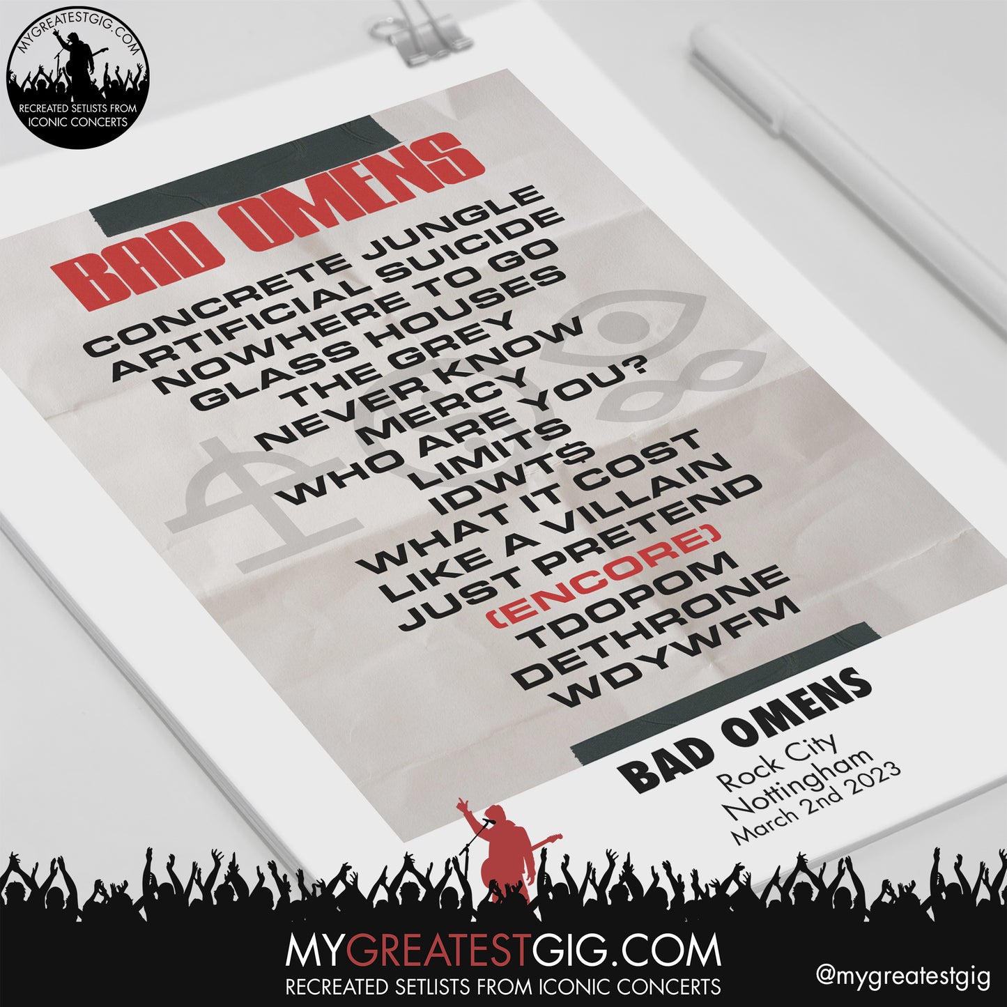 Bad Omens - Nottingham - March 2nd 2023 Recreated Setlist Poster