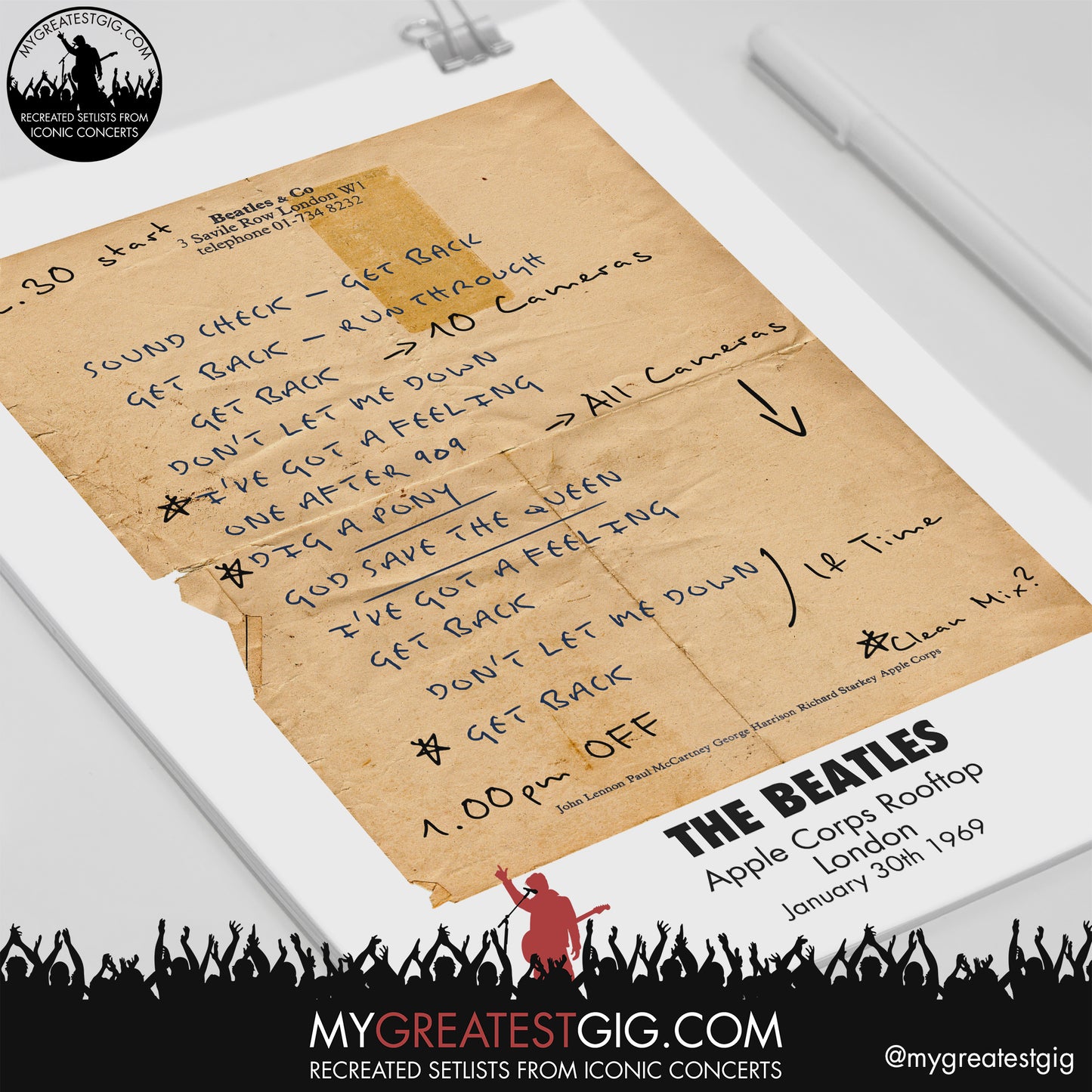 The Beatles - Apple Rooftop - Jan 30th 1969 Recreated Set List Poster