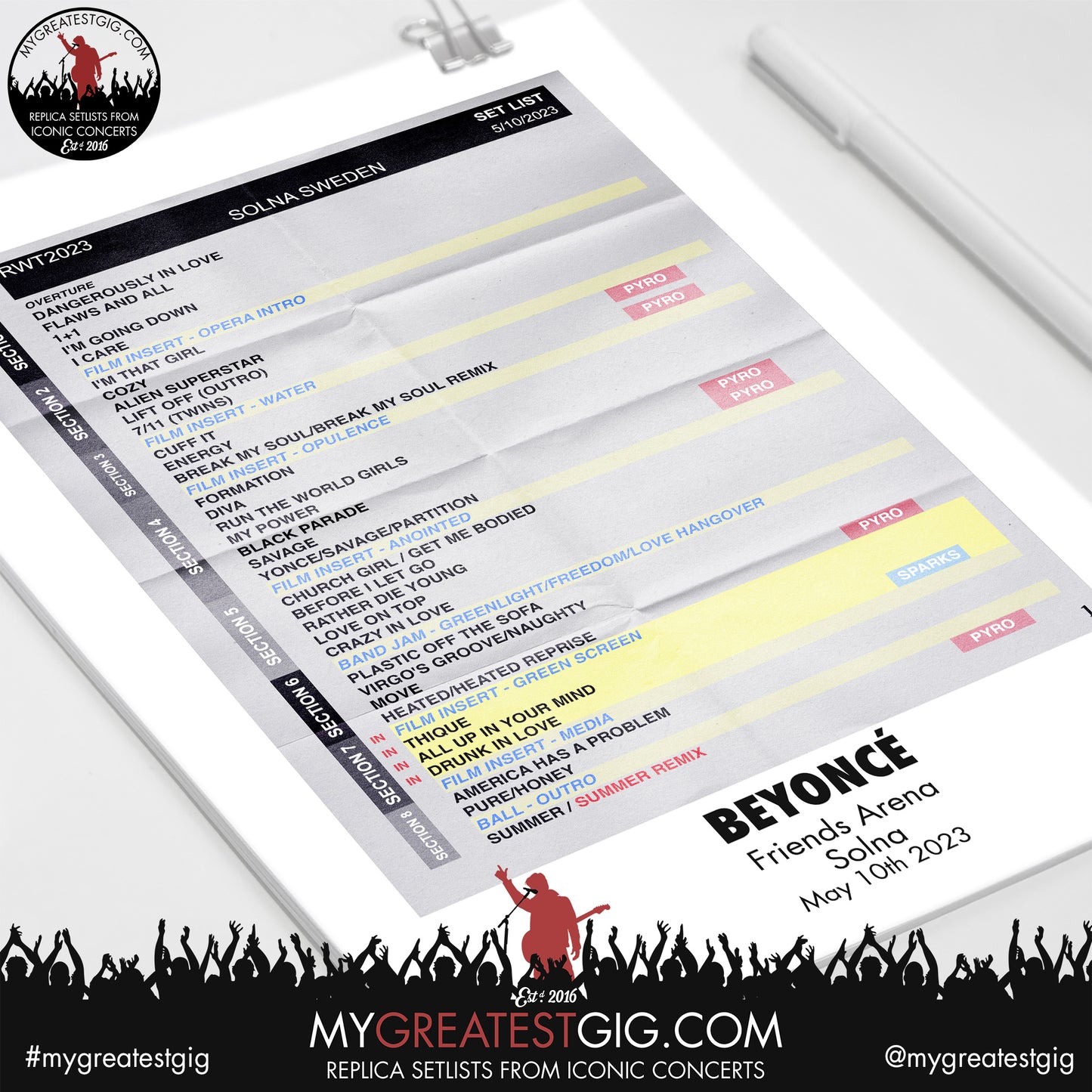 Beyoncé - Solna - May 10th 2023 Replica Setlist Poster
