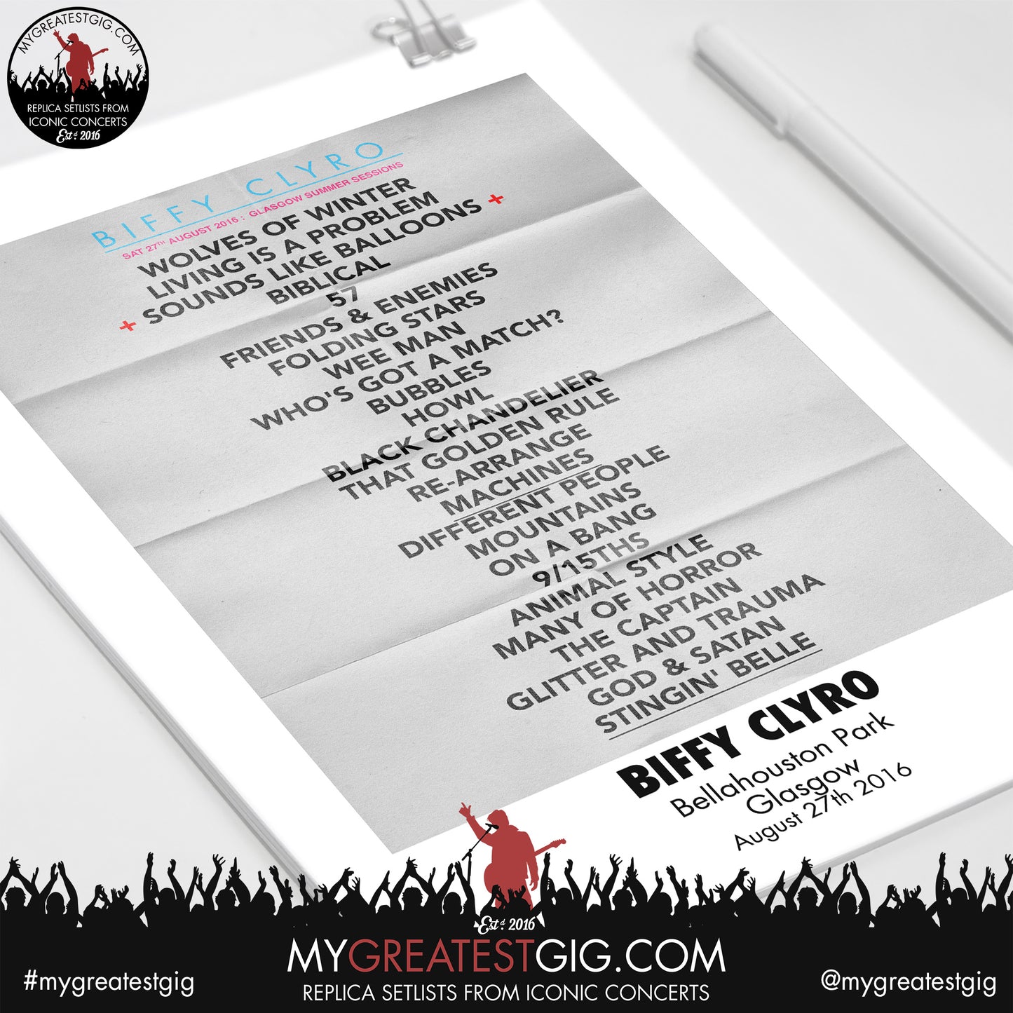 Biffy Clyro - Glasgow - August 27th 2016 Replica Setlist Poster