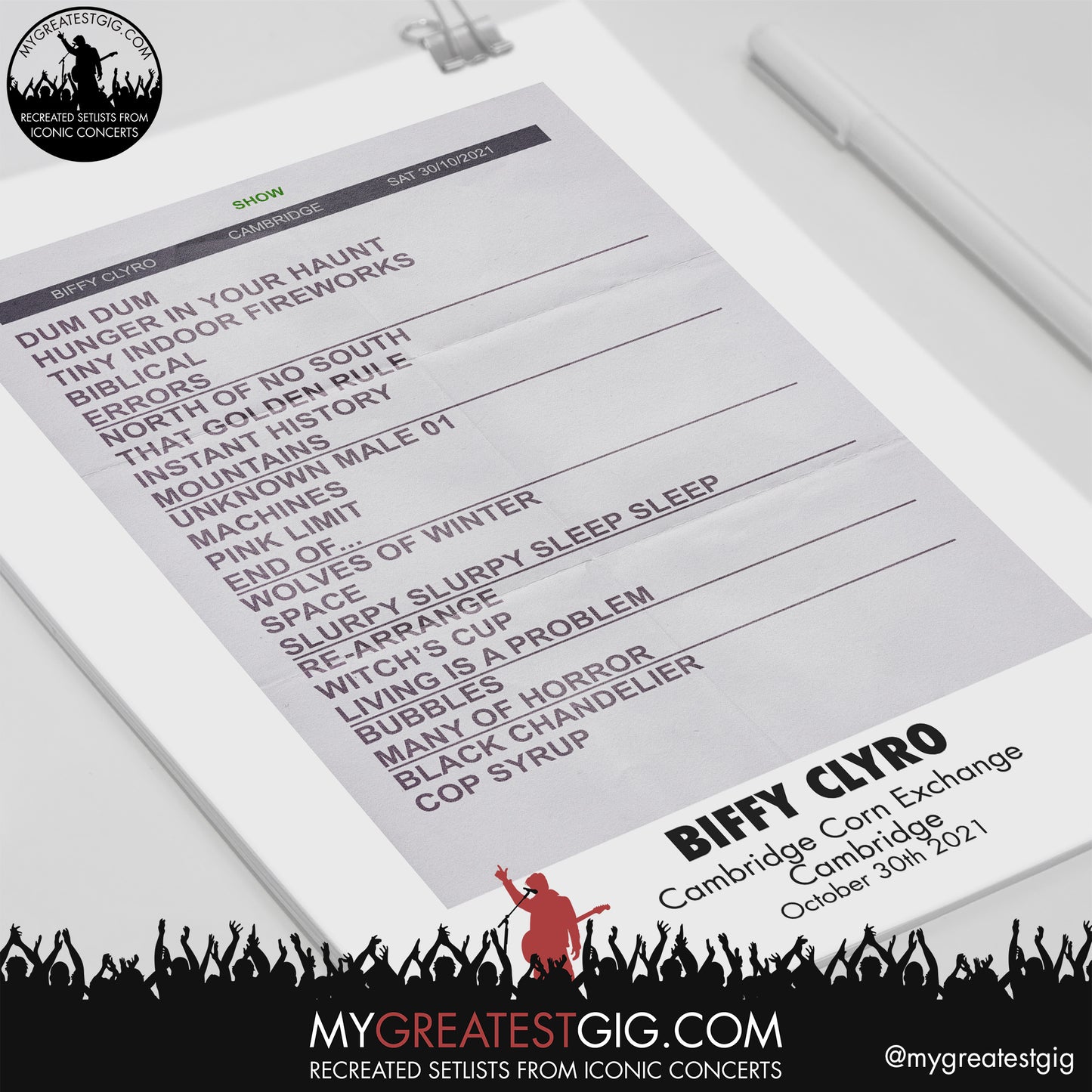 Biffy Clyro - Cambridge - October 30th 2021 Recreated Setlist Poster
