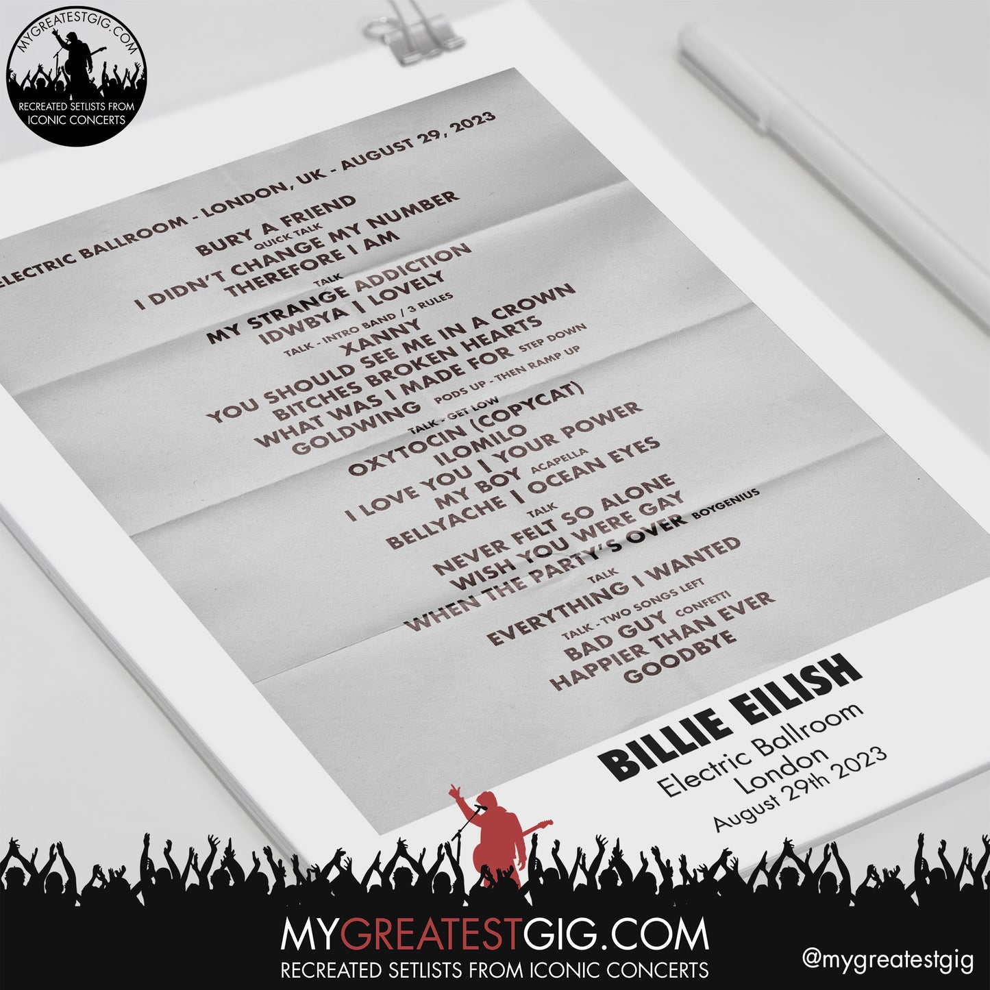 Billie Eilish - London - August 29th 2023 Recreated Setlist Poster