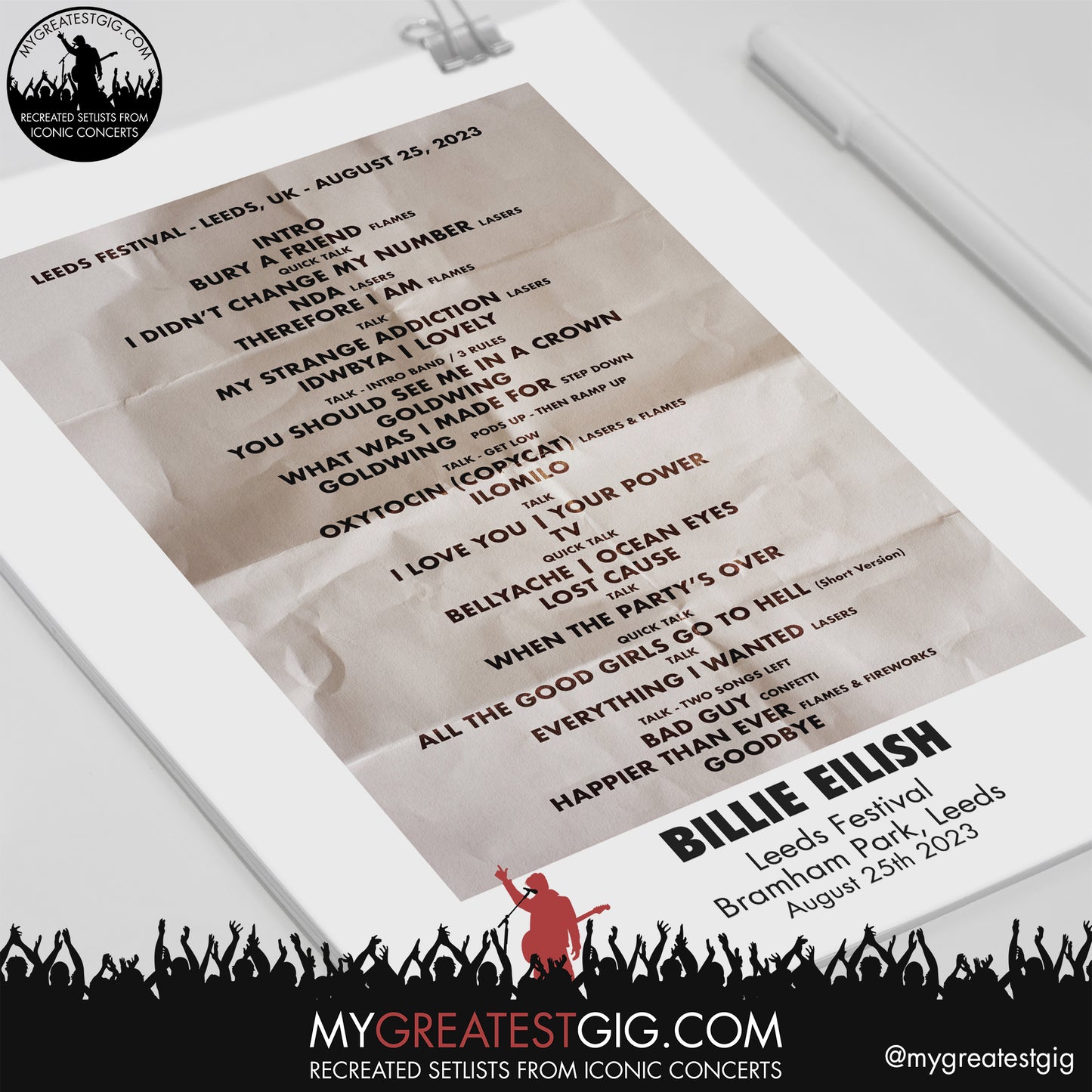 Billie Eilish - Leeds Festival - August 25th 2023 Recreated Setlist Poster