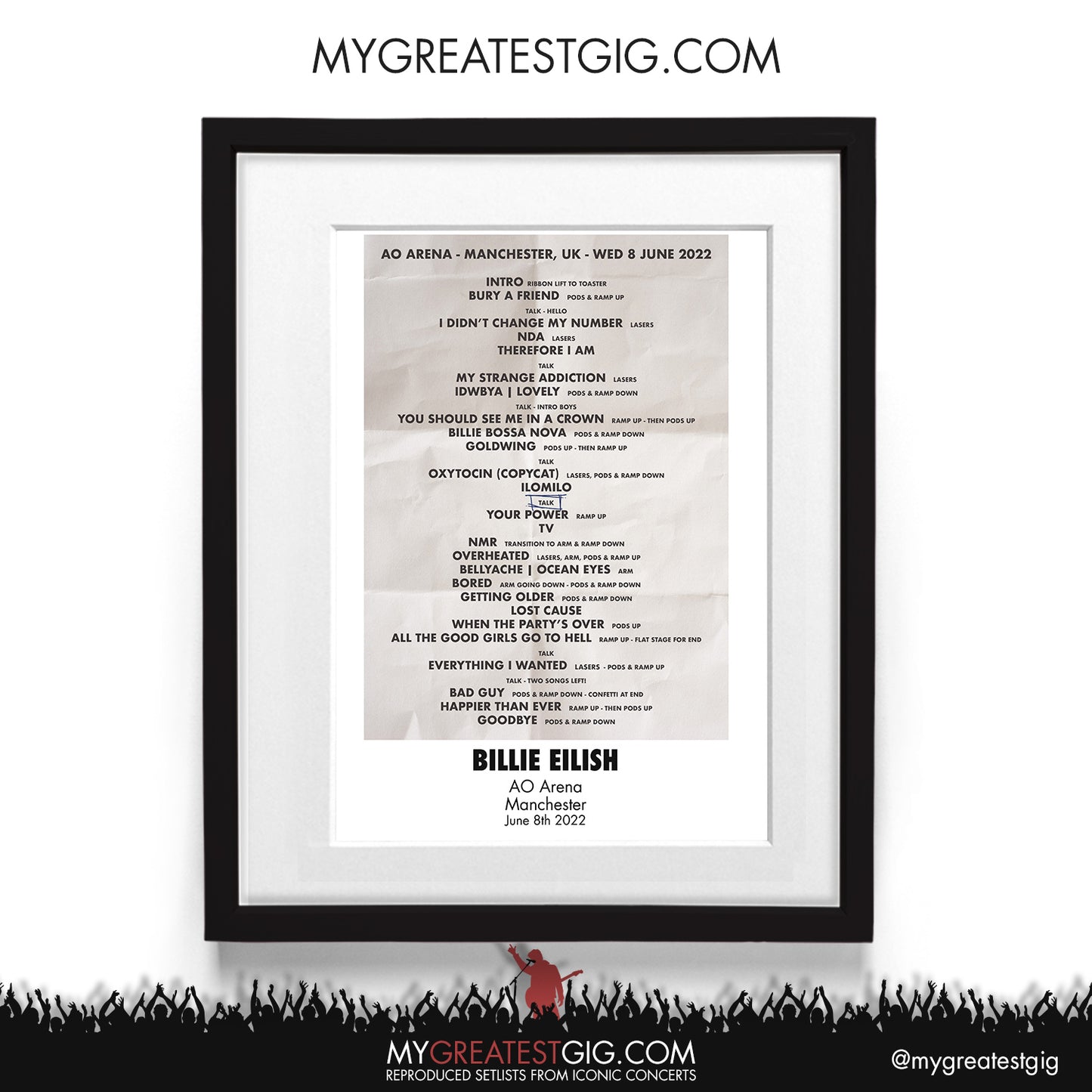 Billie Eilish - Manchester - Jun 8th 2022 Recreated Setlist Poster