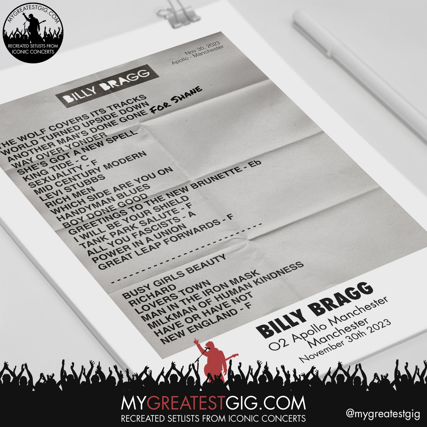 Billy Bragg - Manchester - November 30th 2023 Recreated Setlist Poster