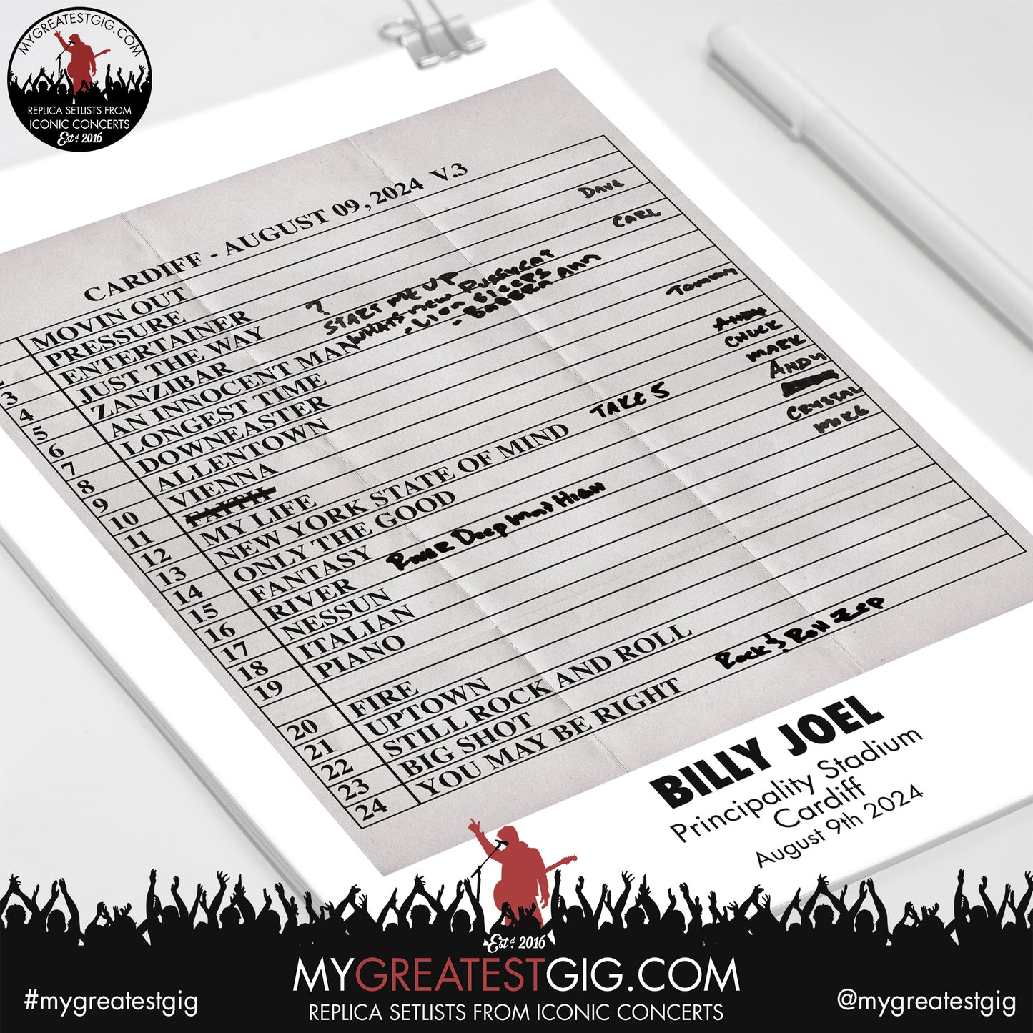 Billy Joel - Cardiff - August 9th 2024 Replica Setlist Poster