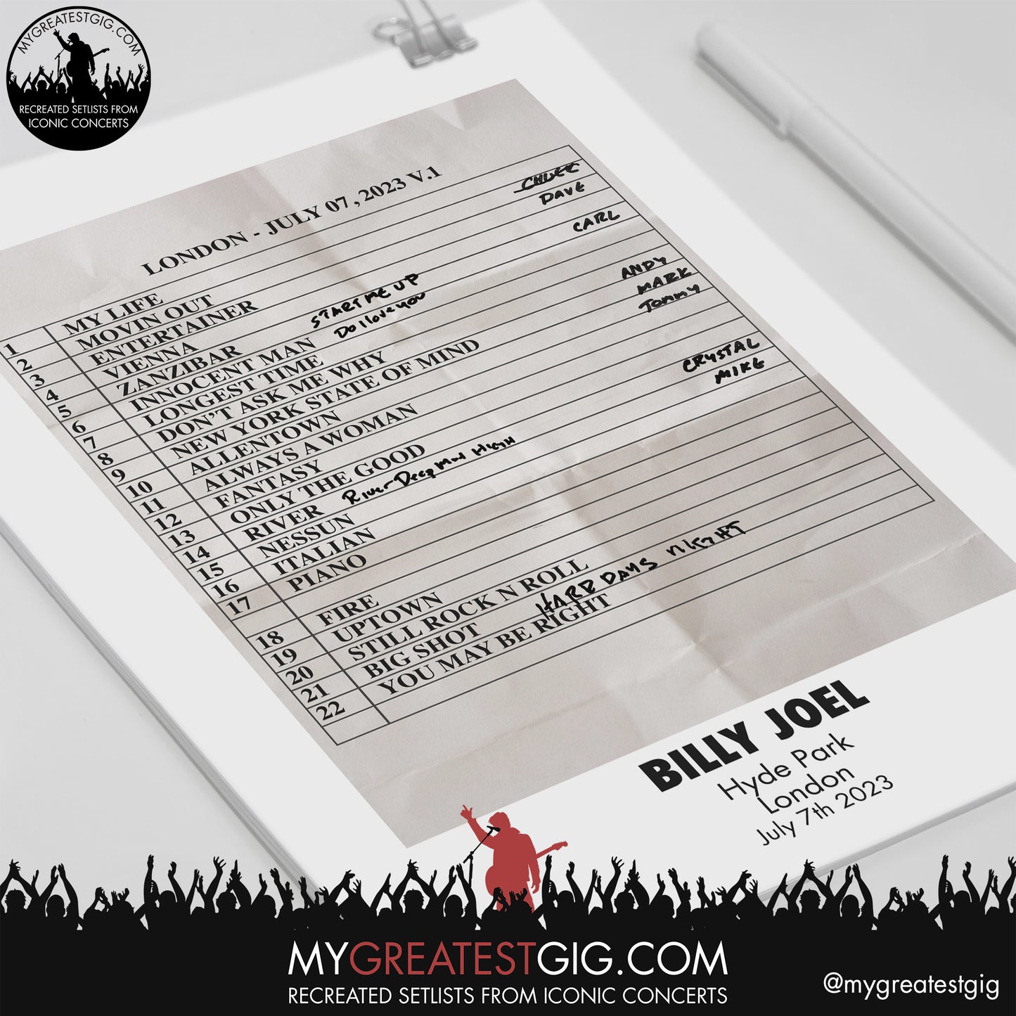 Billy Joel - London - July 7th 2023 Recreated Setlist Poster