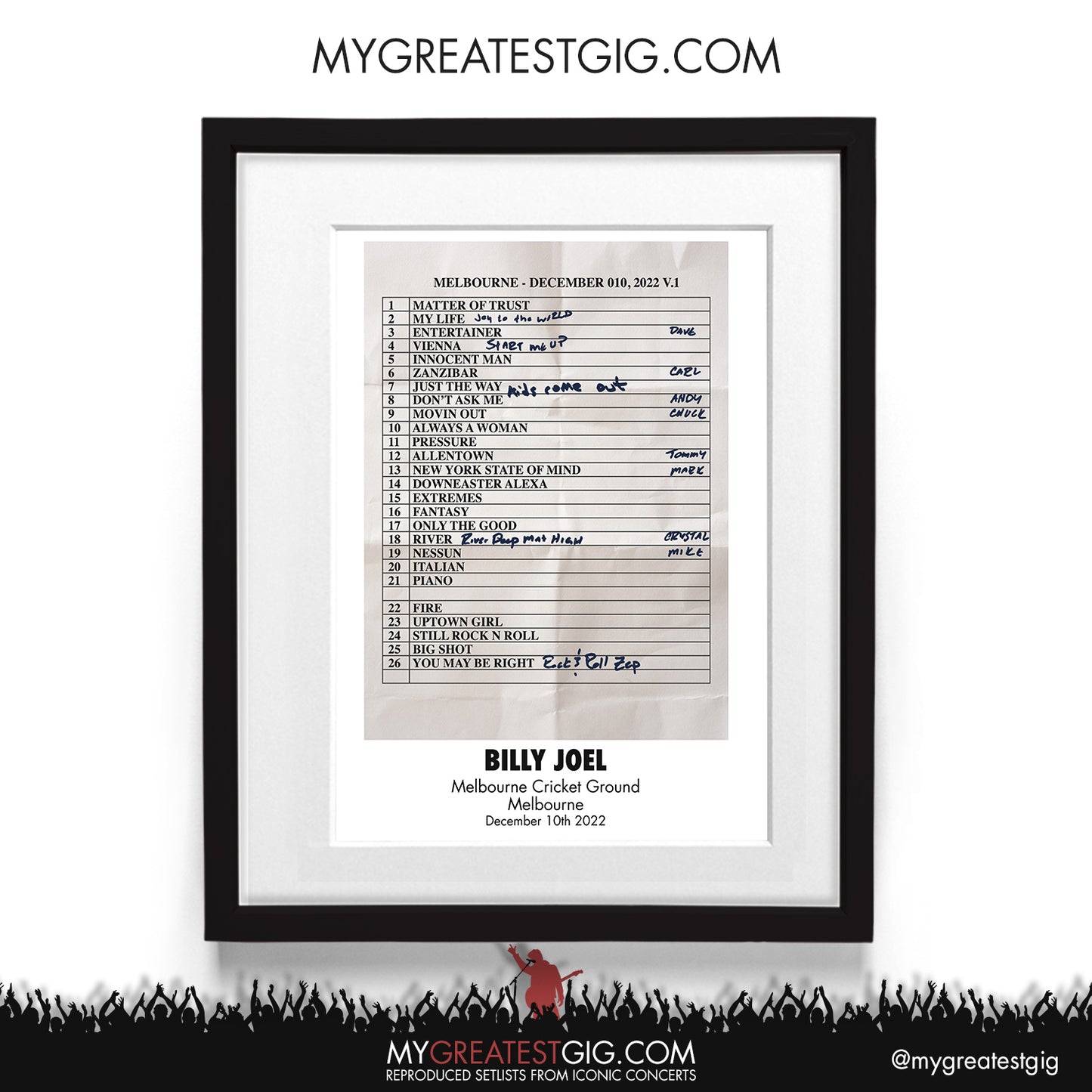 Billy Joel - Melbourne - December 10th 2022 Recreated Setlist Poster