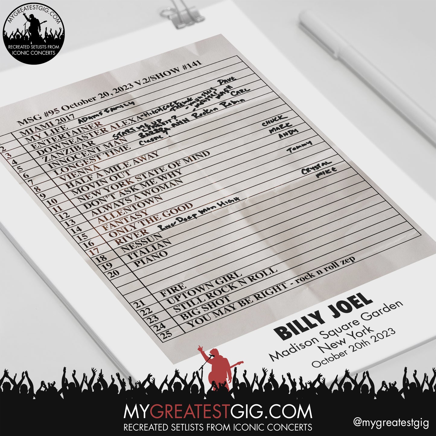 Billy Joel - New York - October 20th 2023 Recreated Setlist Poster