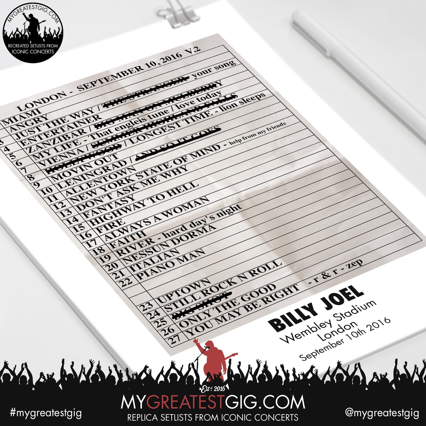 Billy Joel - London - September 10th 2016 Replica Setlist Poster