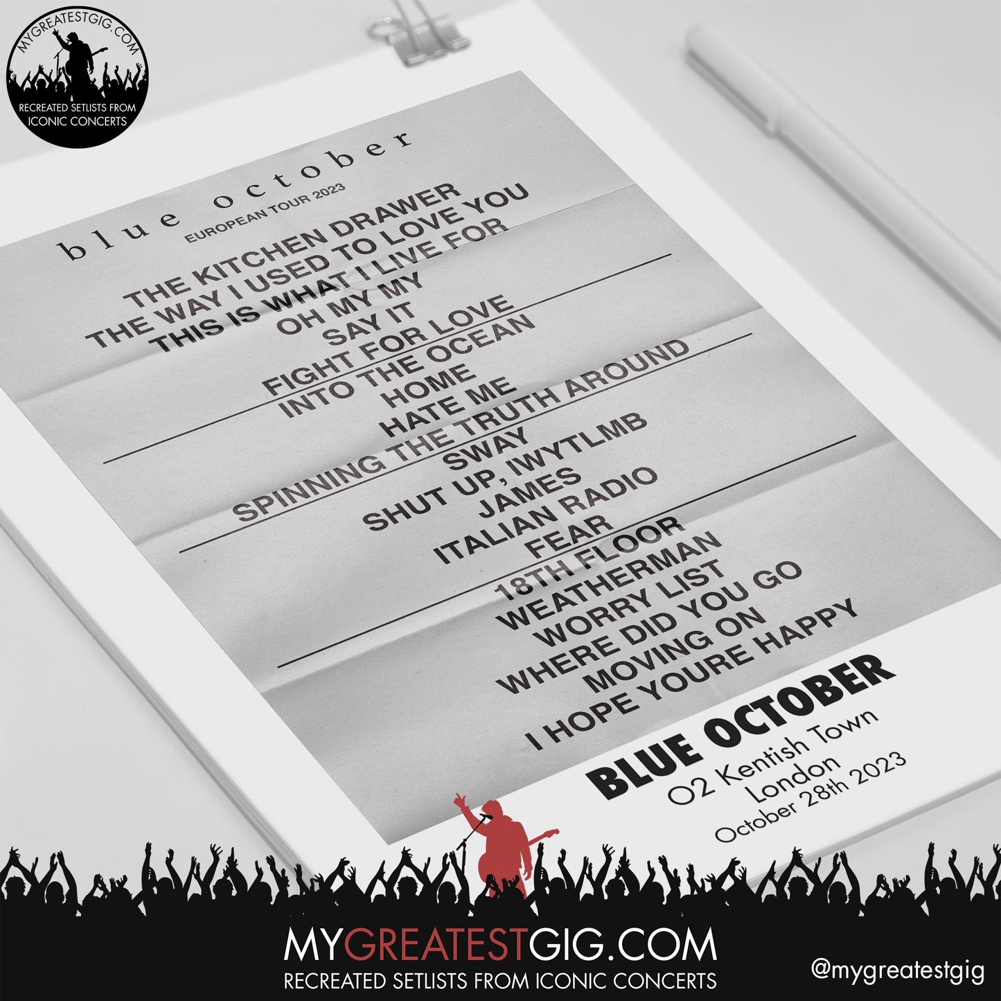 Blue October - London - October 28th 2023 Recreated Setlist Poster