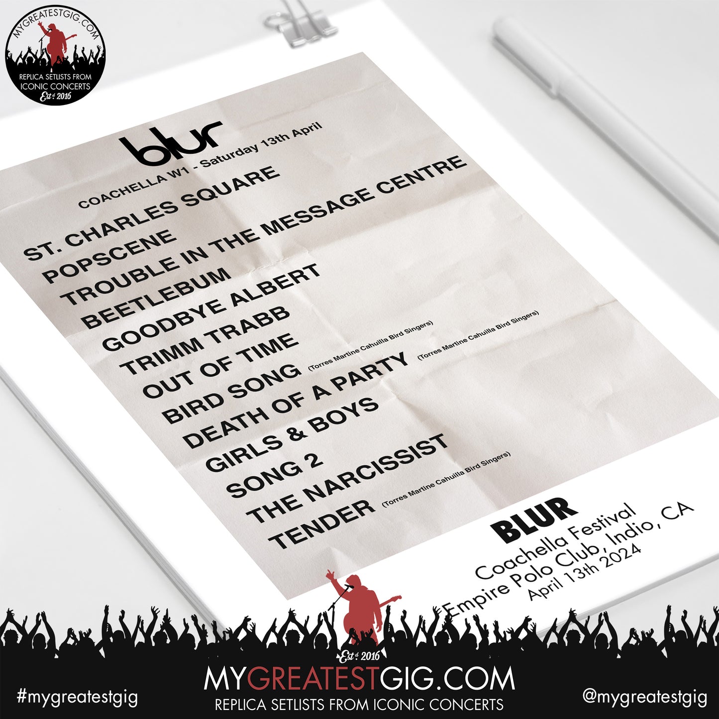 Blur - Coachella - April 13th 2024 Replica Setlist Poster