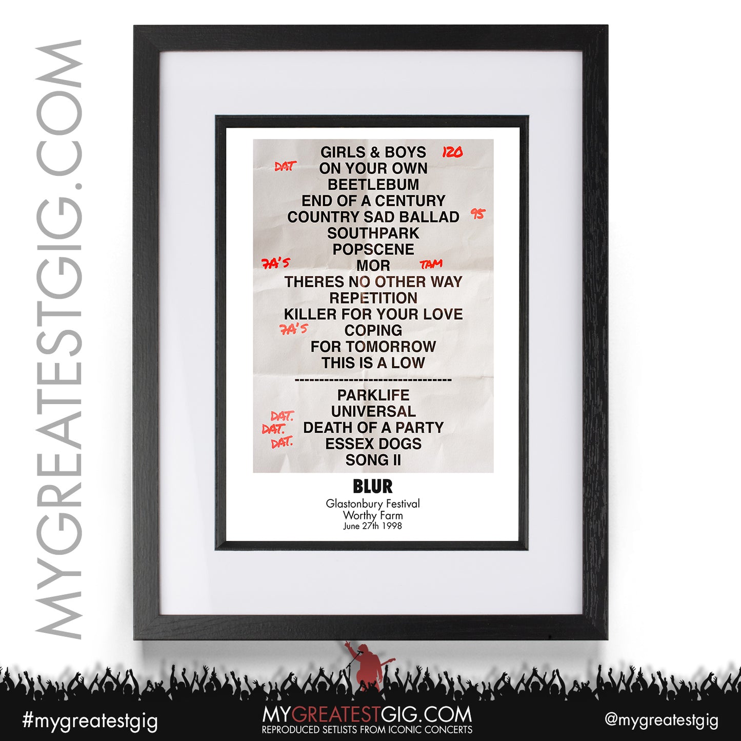 Blur - Glastonbury Festival - June 27th 1998 Recreated Setlist Poster