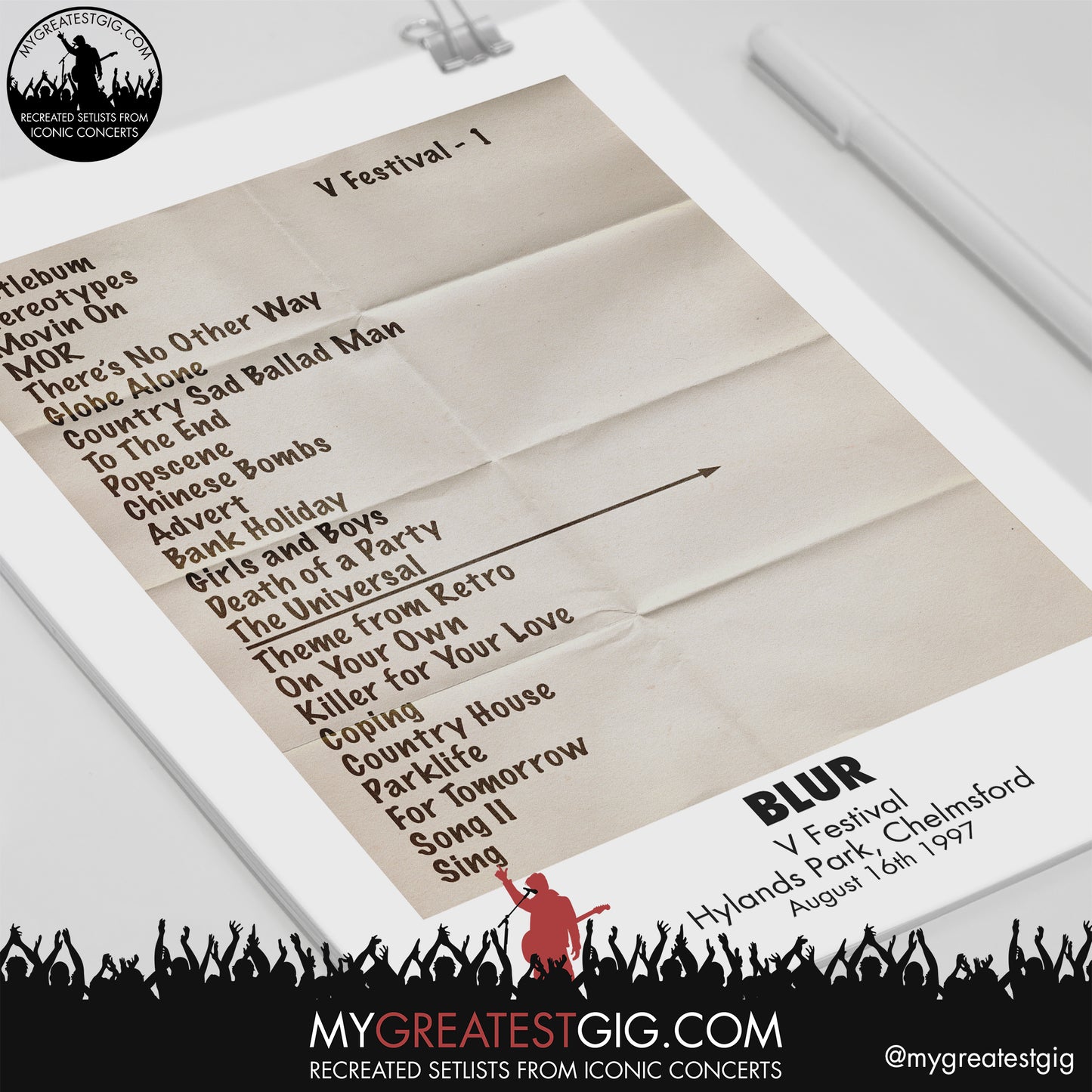 Blur - V Festival - August 16th 1997 Recreated Setlist Poster