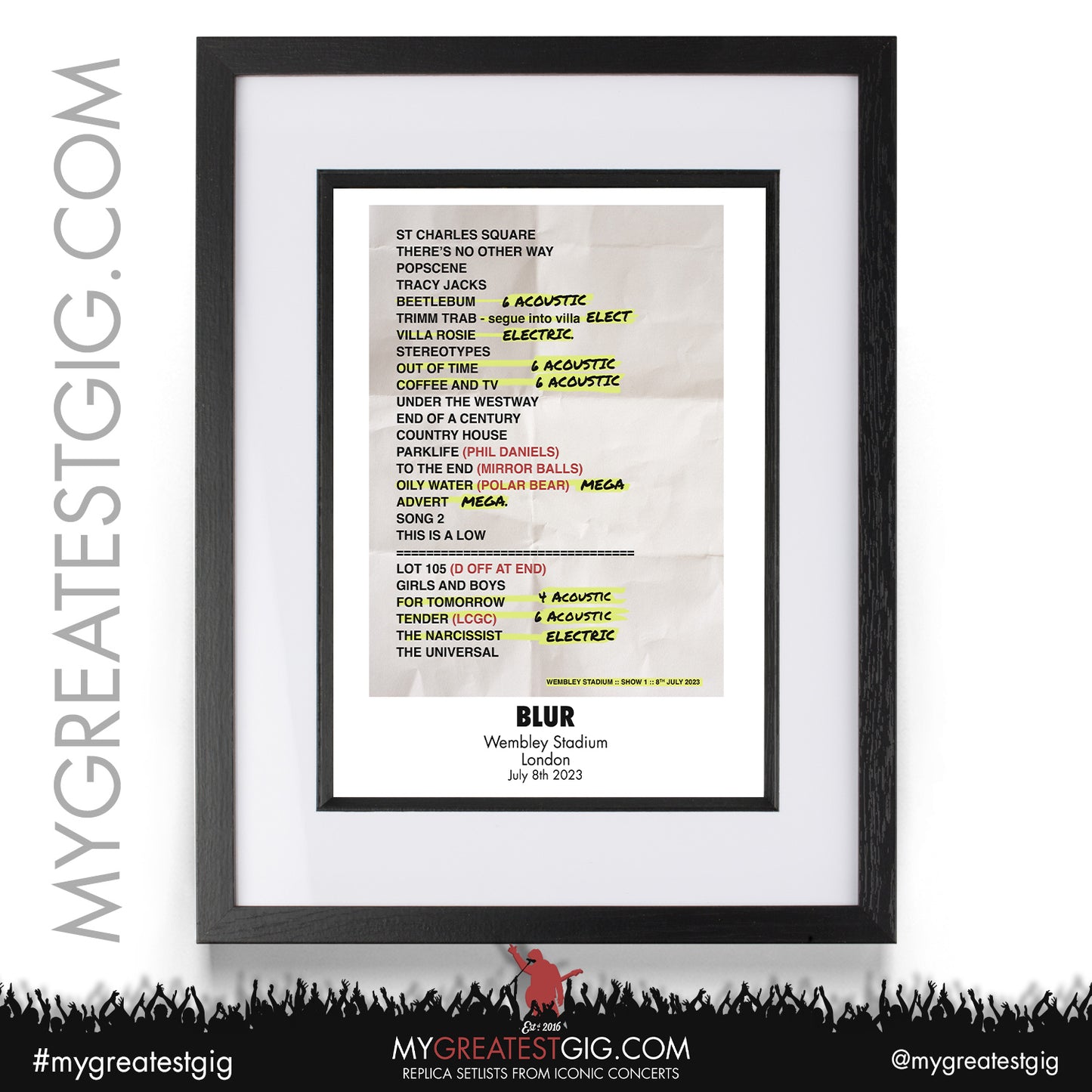 Blur - Wembley - July 8th 2023 Recreated Setlist Poster