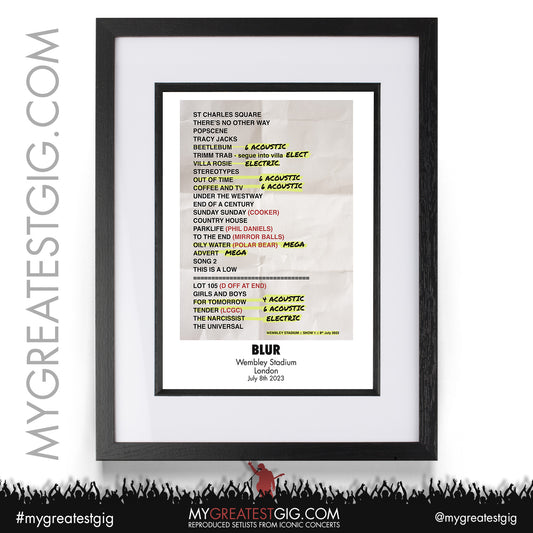 Blur - Wembley - July 8th 2023 Recreated Setlist Poster