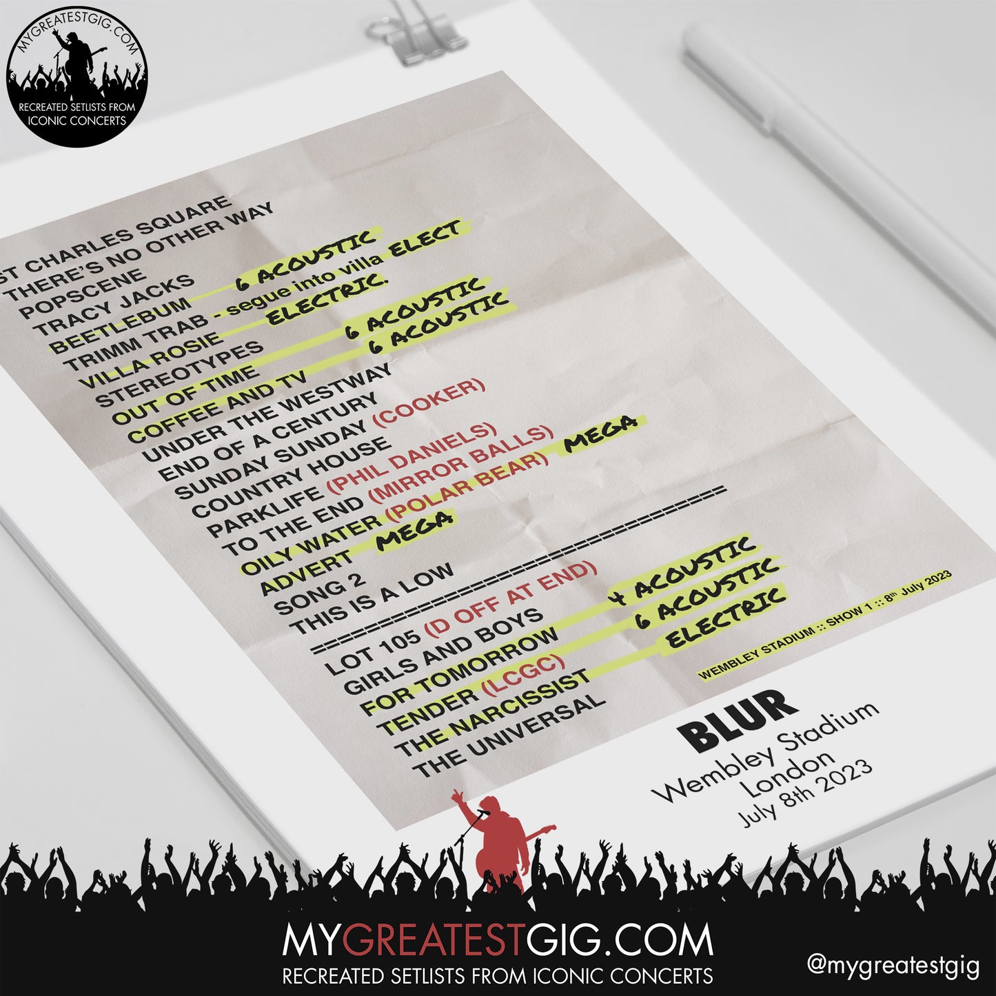 Blur - Wembley - July 8th 2023 Recreated Setlist Poster