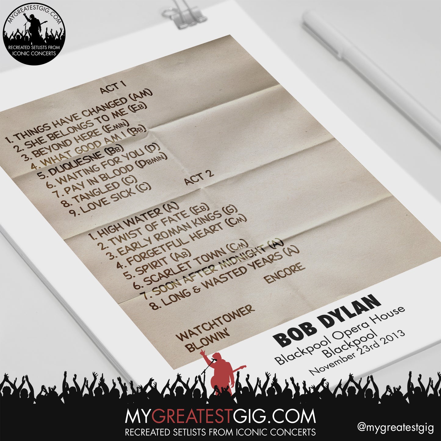 Bob Dylan - Blackpool - November 23rd 2013 Recreated Setlist Poster