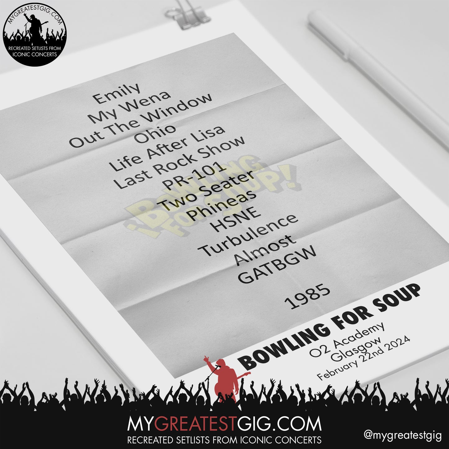 Bowling For Soup - Glasgow - February 22nd 2024 Replica Setlist Poster