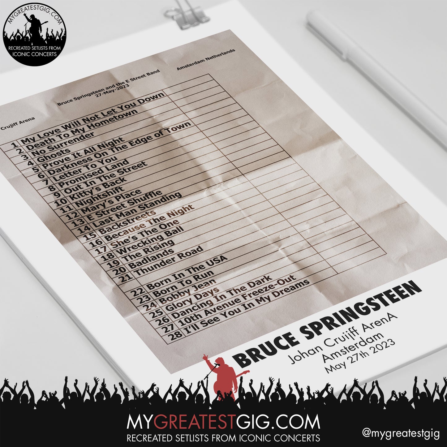 Bruce Springsteen - Amsterdam - May 27th 2023 Recreated Setlist Poster