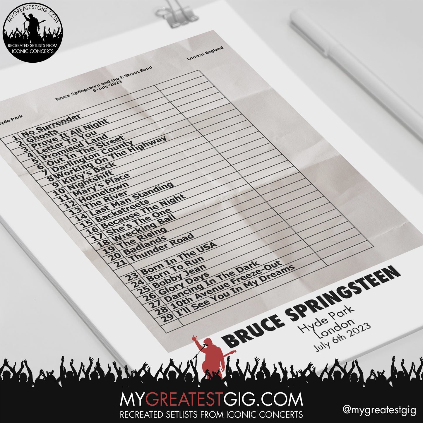 Bruce Springsteen - London - July 6th 2023 Recreated Setlist Poster