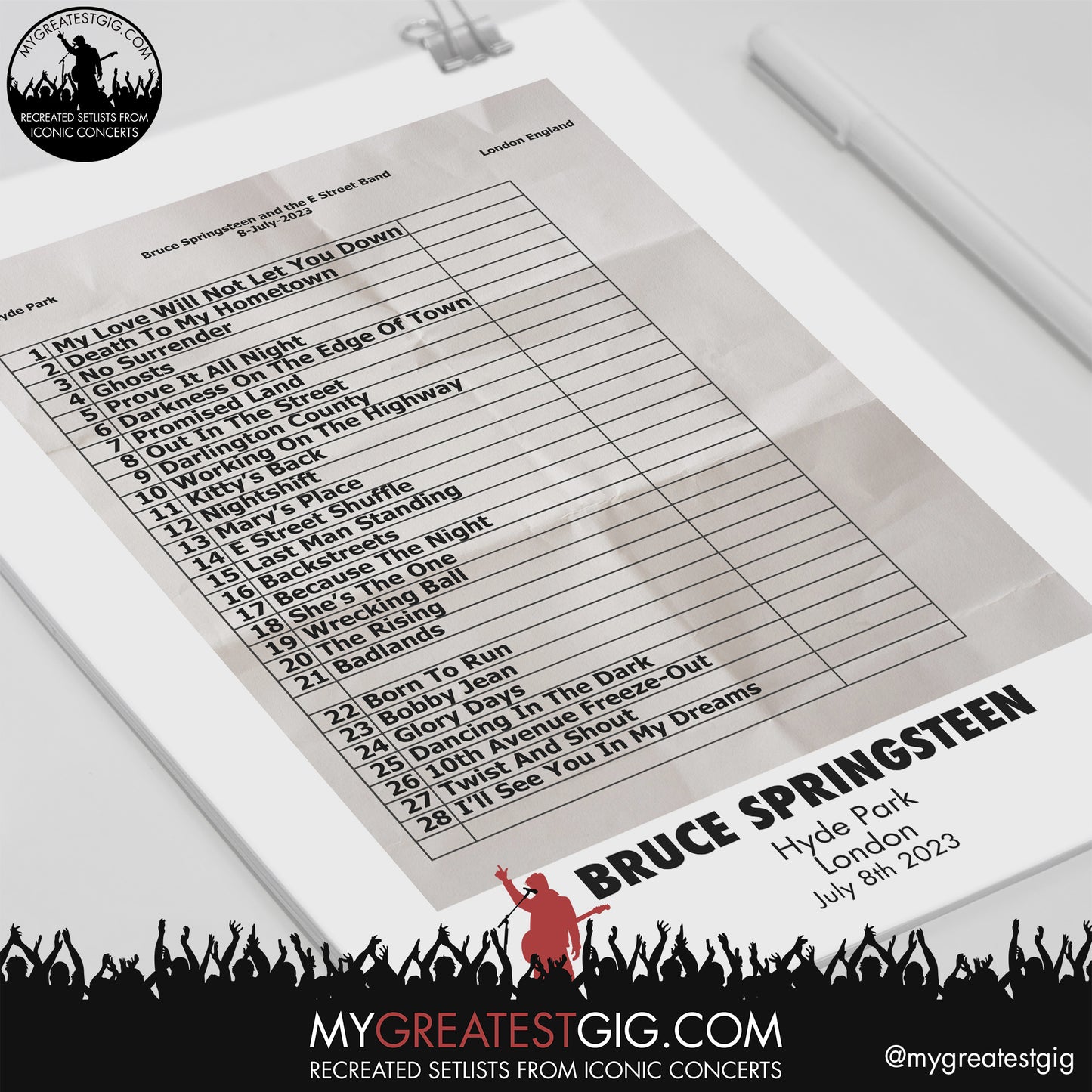 Bruce Springsteen - London - July 8th 2023 Recreated Setlist Poster