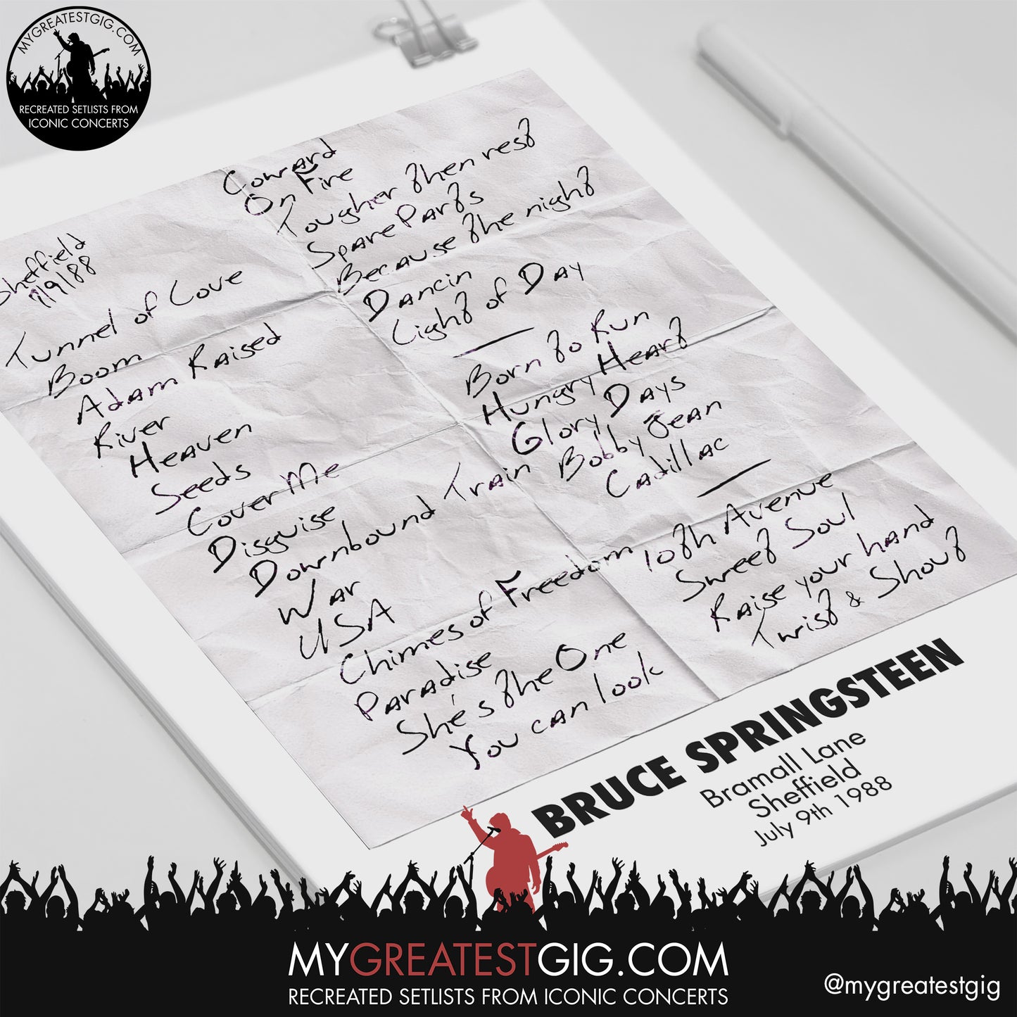 Bruce Springsteen - Sheffield - July 9th 1988 Recreated Setlist Poster