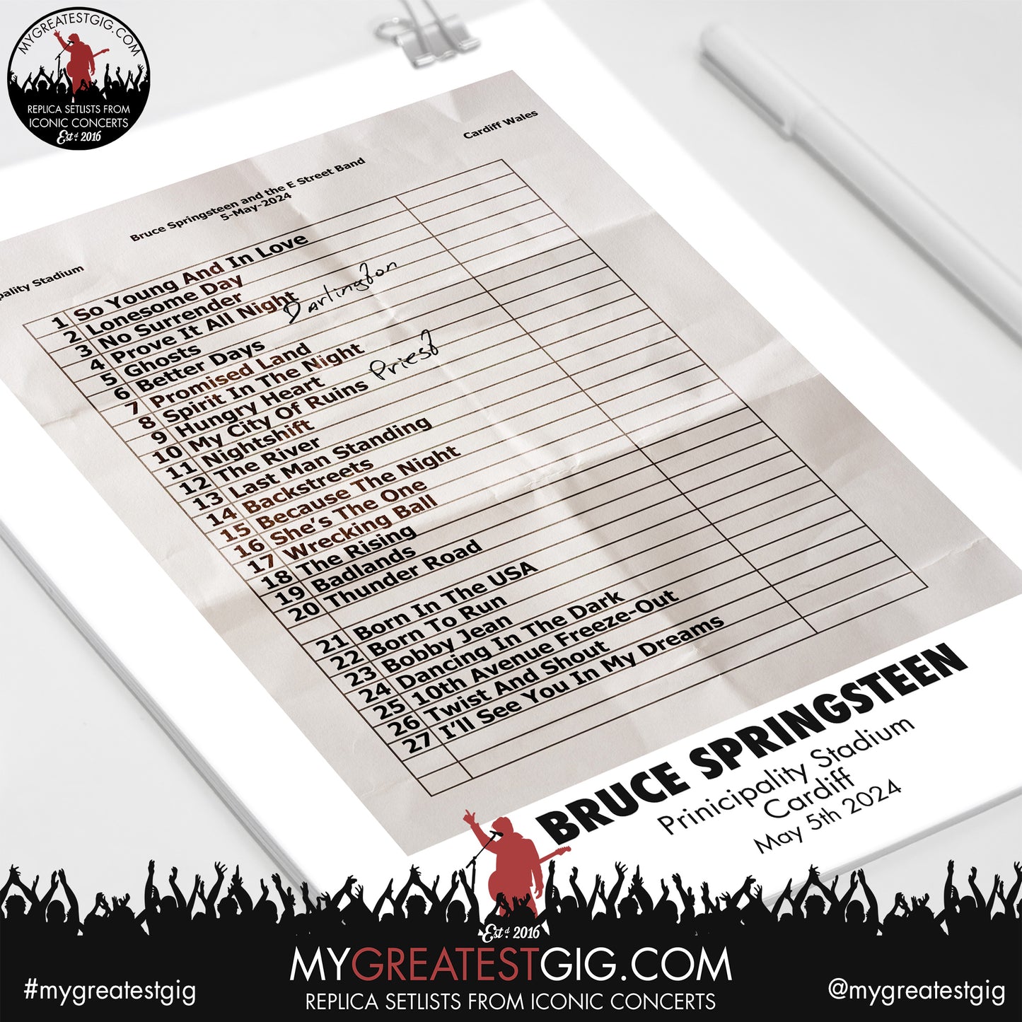 Bruce Springsteen - Cardiff - May 5th 2024 Replica Setlist Poster