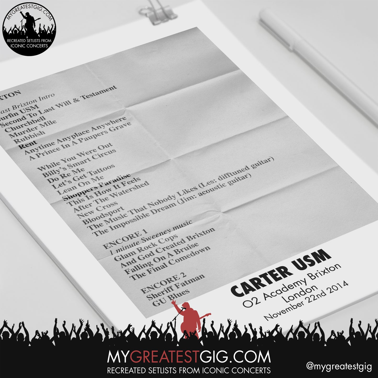 Carter USM - London - November 22nd 2014 Recreated Setlist Poster