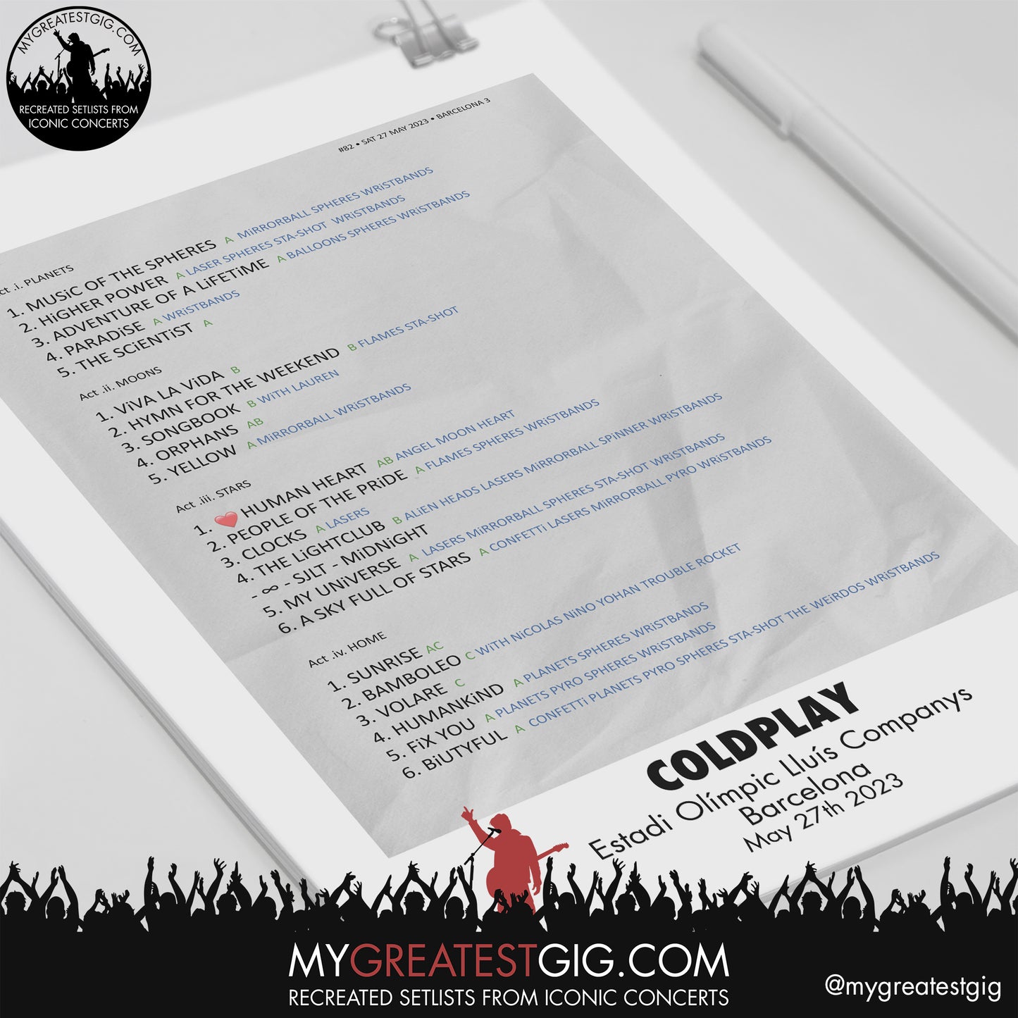Coldplay - Barcelona - May 27th 2023 Recreated Setlist Poster
