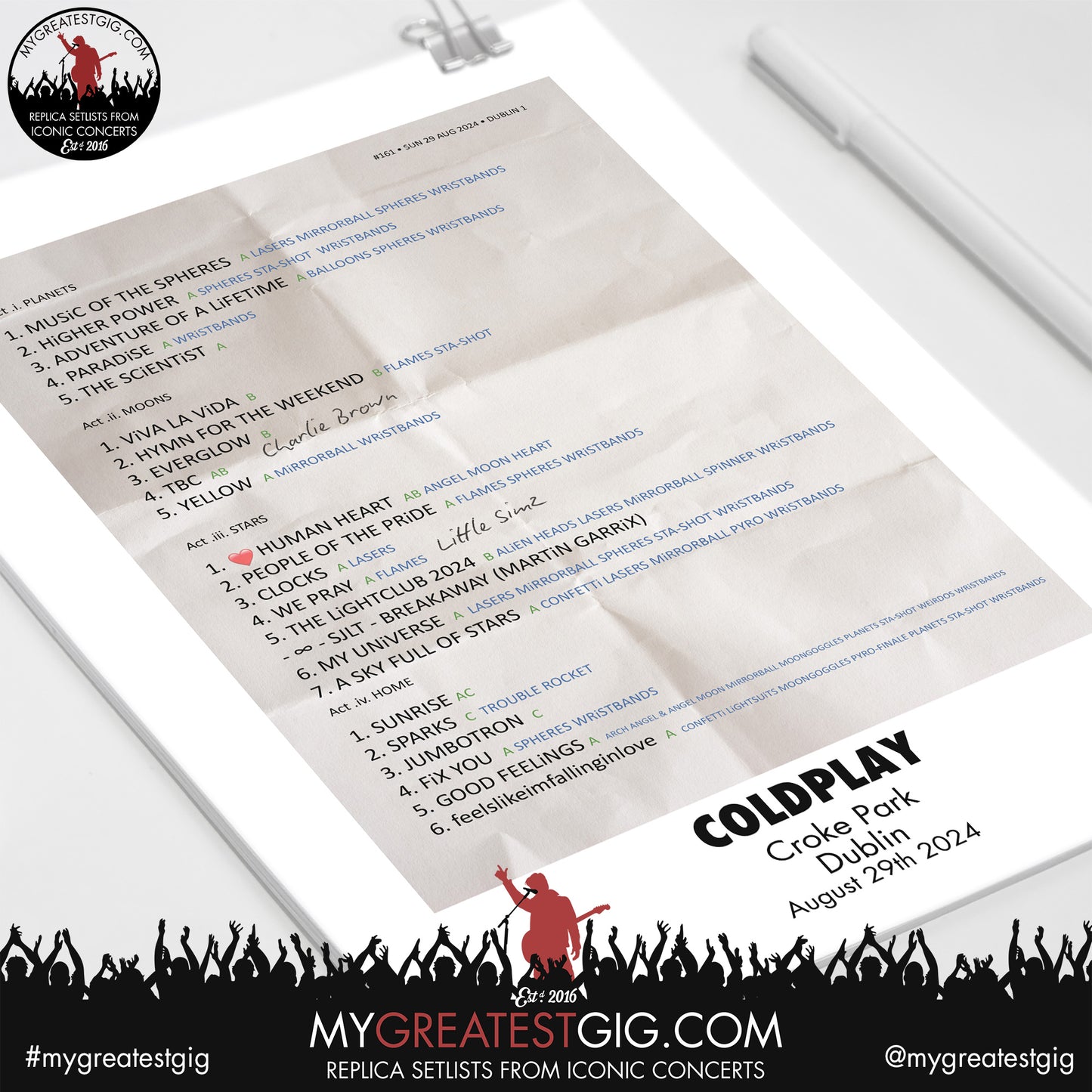 Coldplay - Dublin - August 29th 2024 Replica Setlist Poster