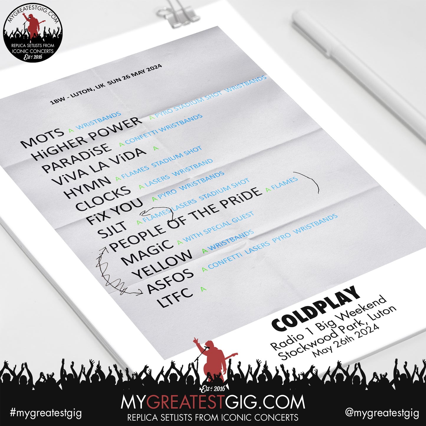 Coldplay - Luton - May 26th 2024 Replica Setlist Poster