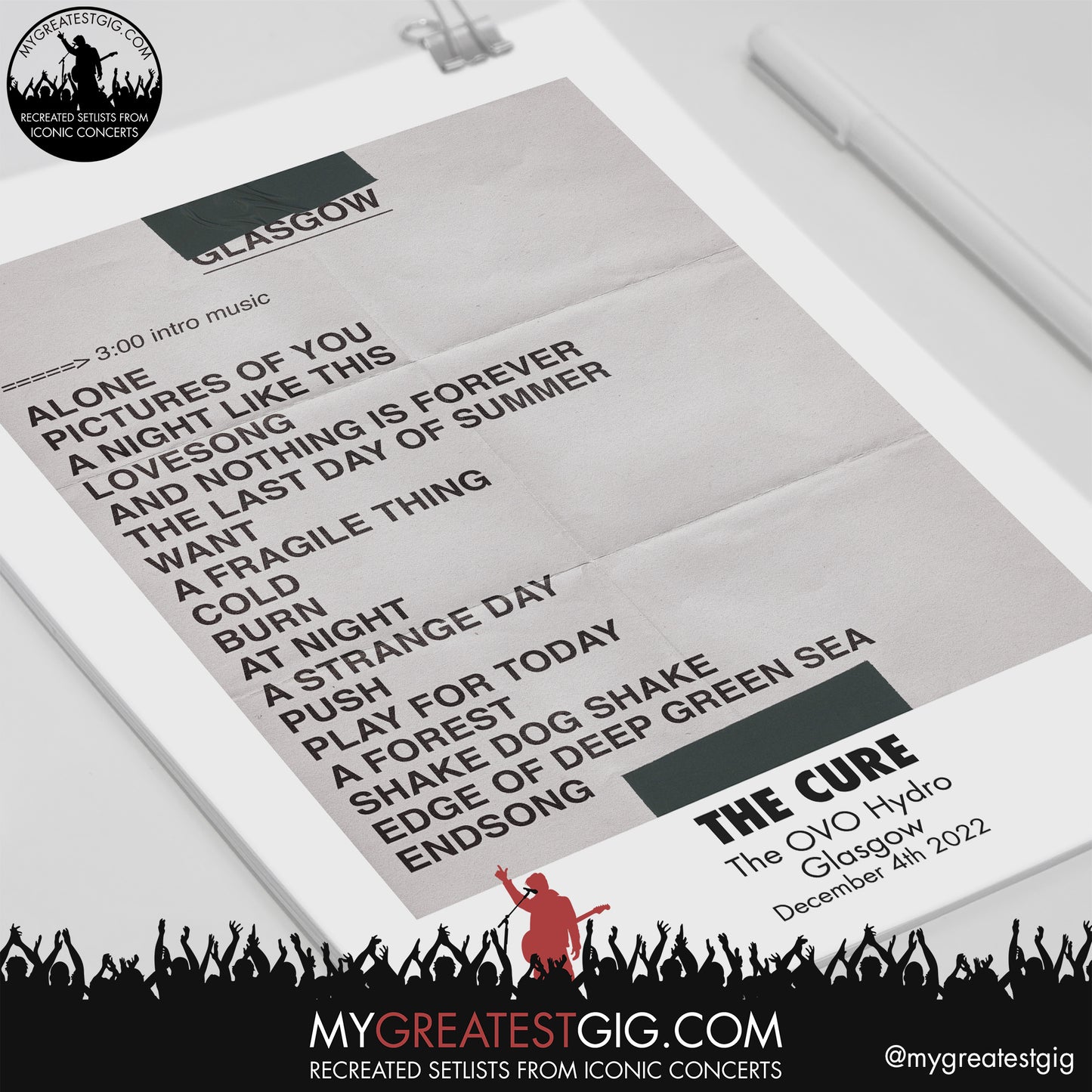 The Cure - Glasgow - December 4th 2022 Recreated Setlist Poster