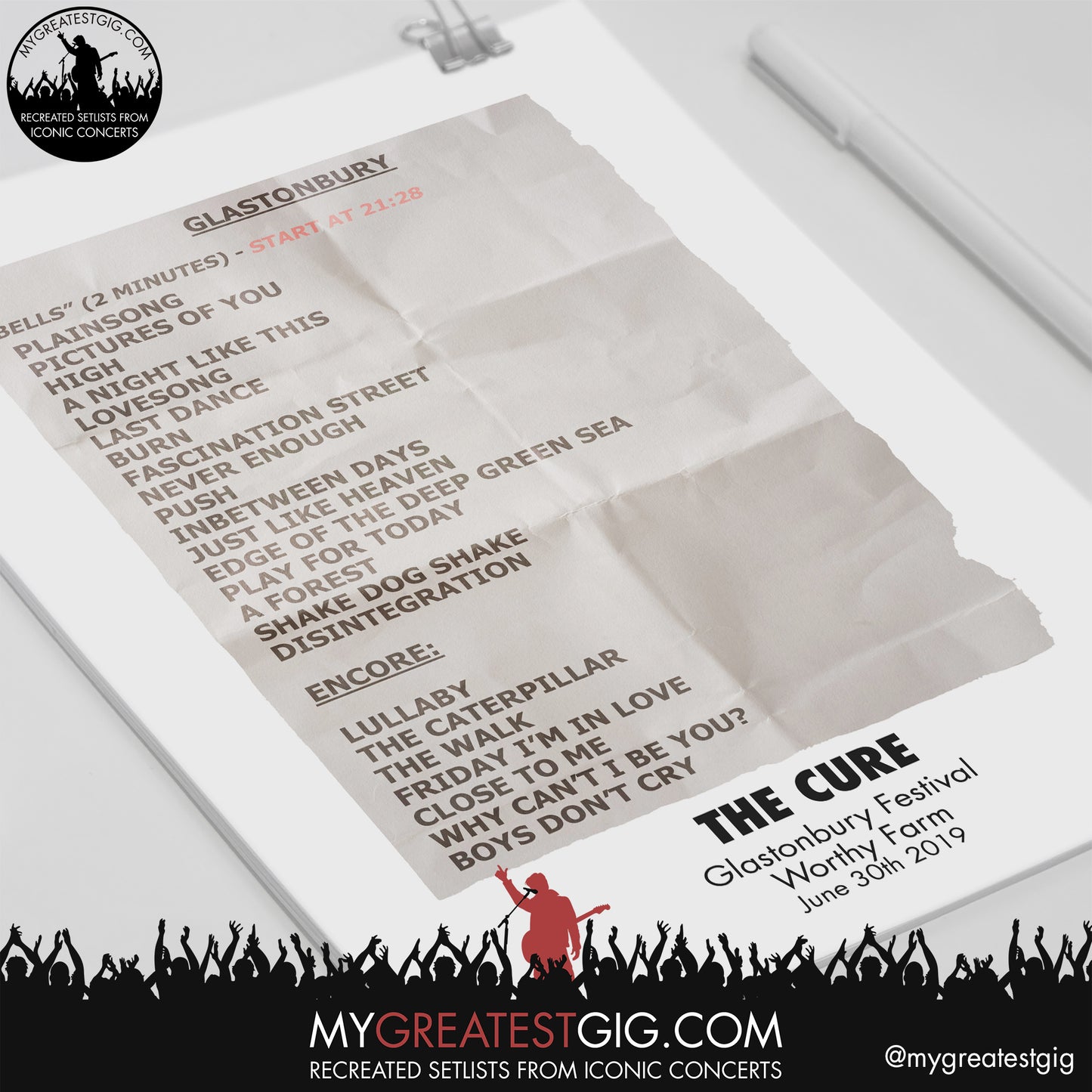 The Cure - Glastonbury Festival - Jun 30th 2019 Recreated Set List Poster