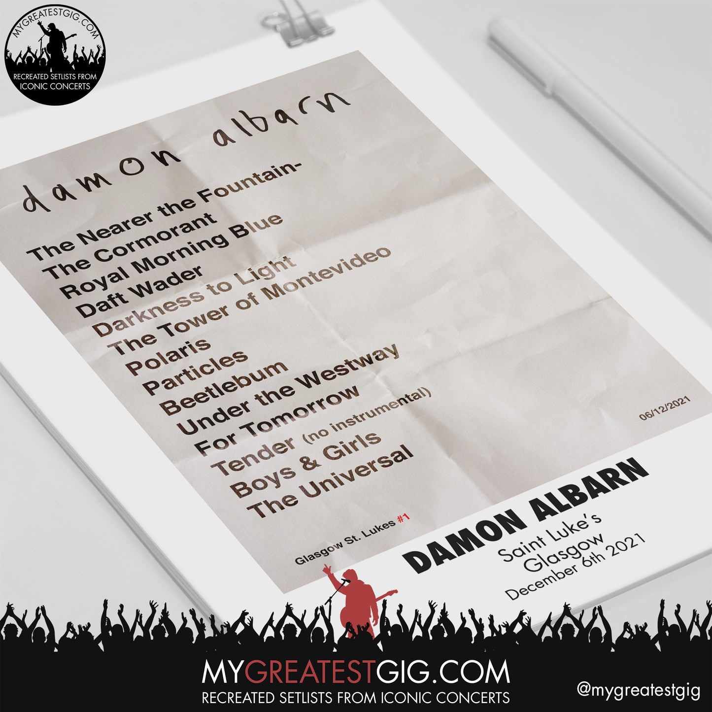 Damon Albarn - Glasgow - December 6th 2021 Recreated Setlist Poster