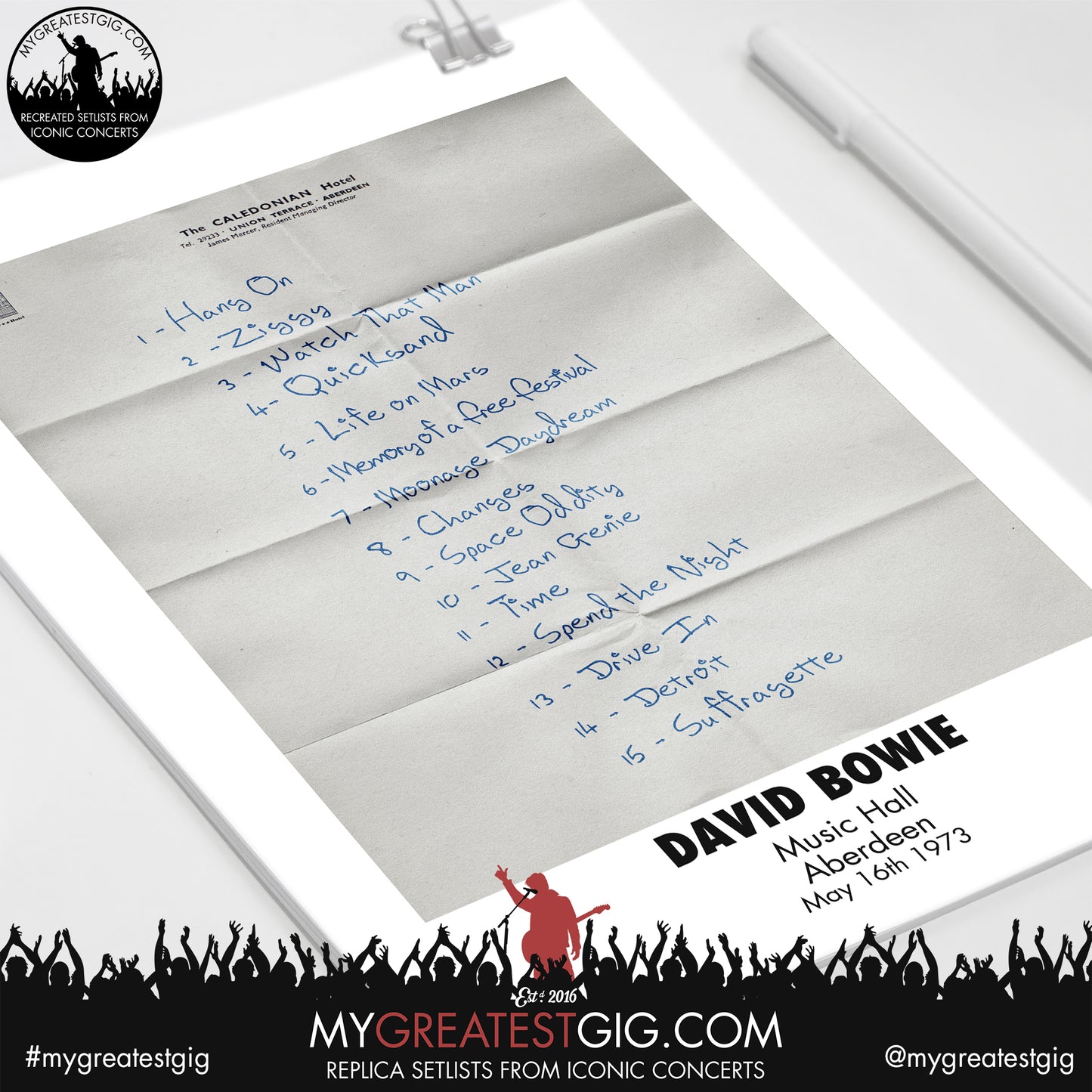 David Bowie - Aberdeen - May 16th 1973 Replica Setlist Poster