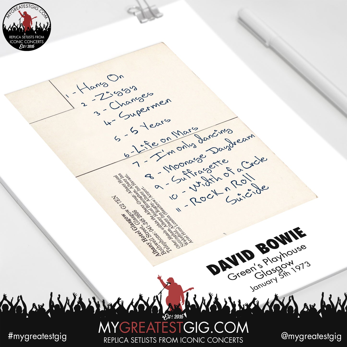 David Bowie - Glasgow - January 5th 1973 Replica Setlist Poster