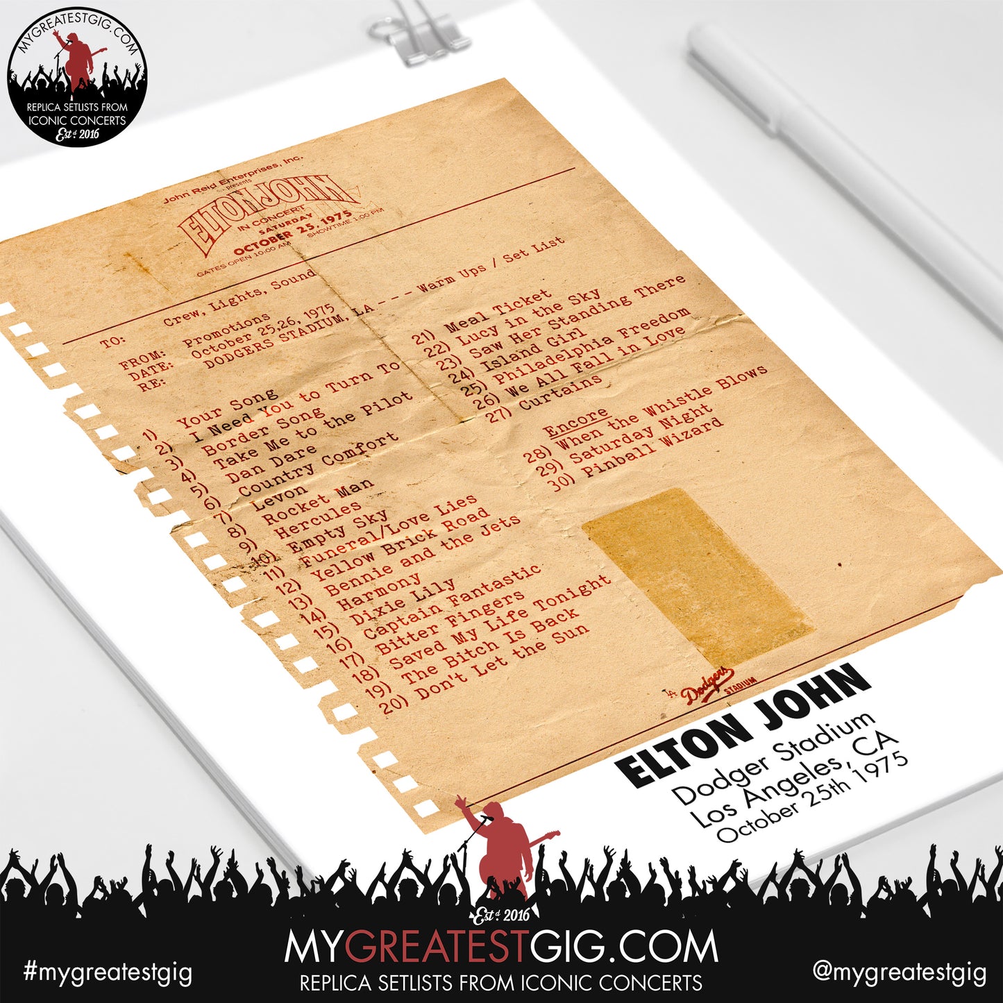 Elton John - Dodger Stadium - October 25th 1975 Replica Setlist Poster