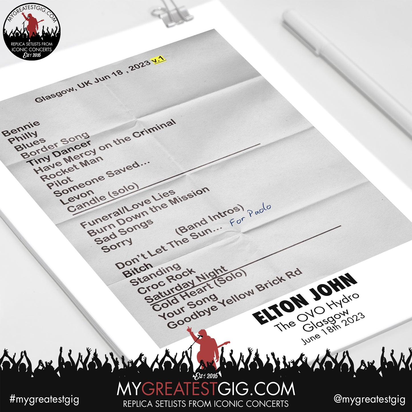 Elton John - Glasgow - June 18th 2023 Replica Setlist Poster