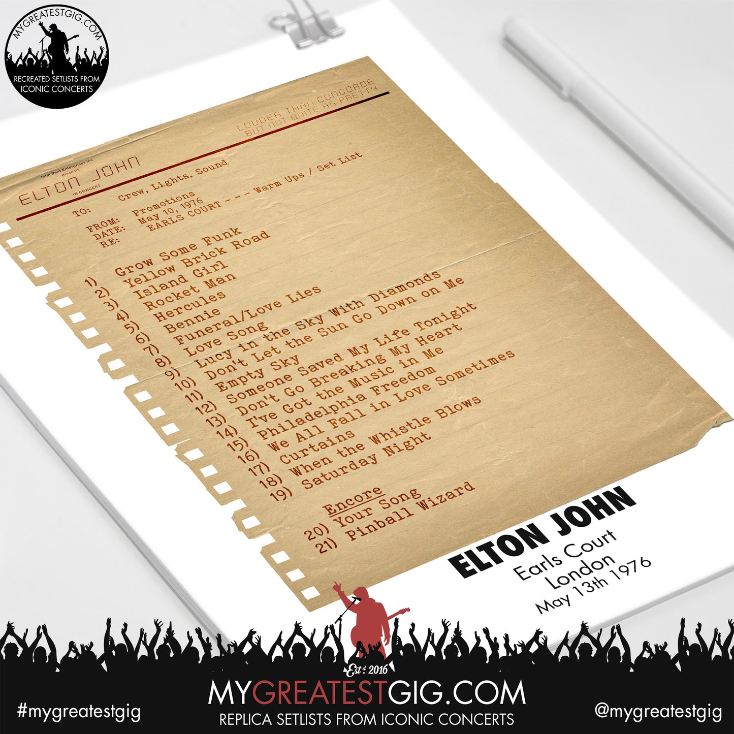 Elton John - London - May 13th 1976 Replica Setlist Poster