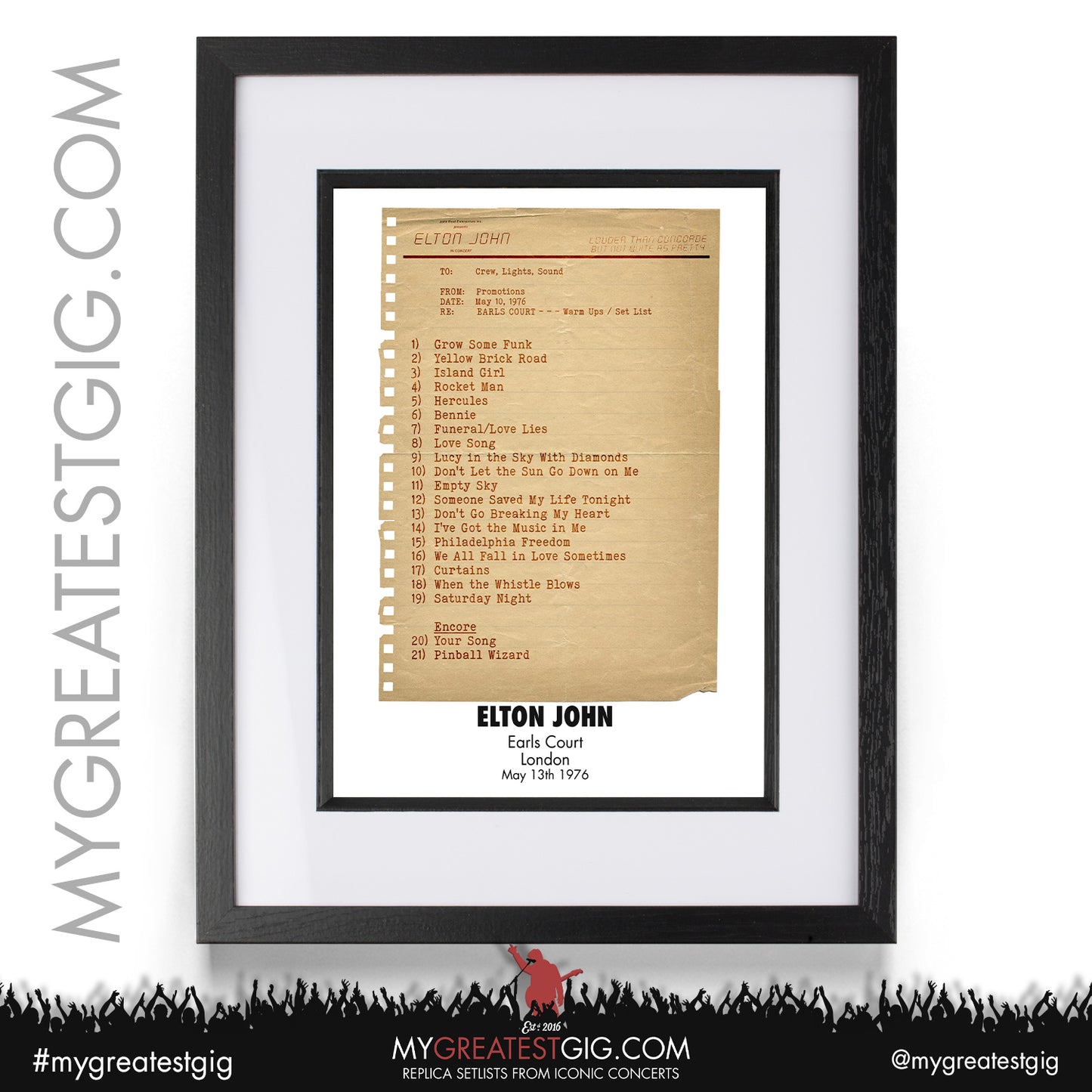 Elton John - London - May 13th 1976 Replica Setlist Poster