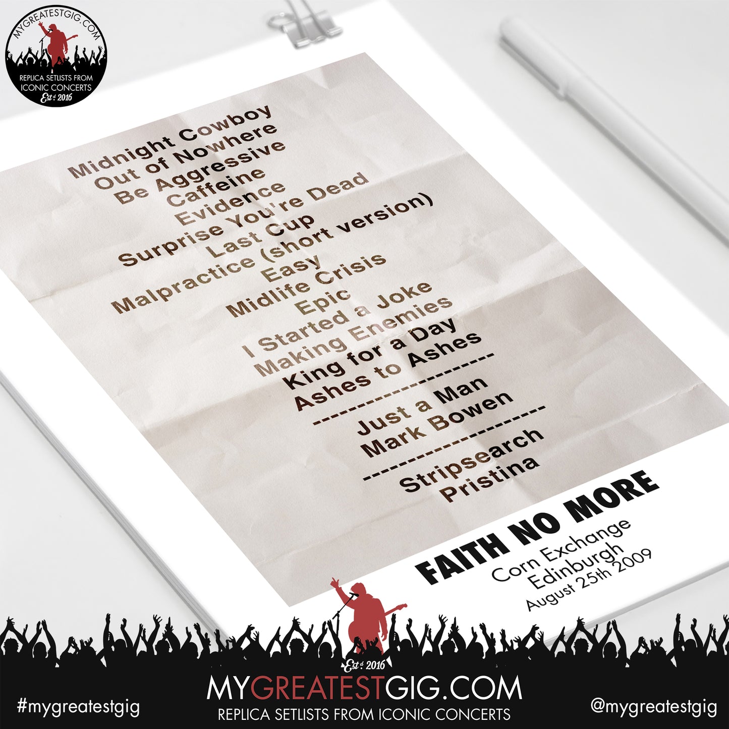 Faith No More - Edinburgh - August 25th 2009 Replica Setlist Poster