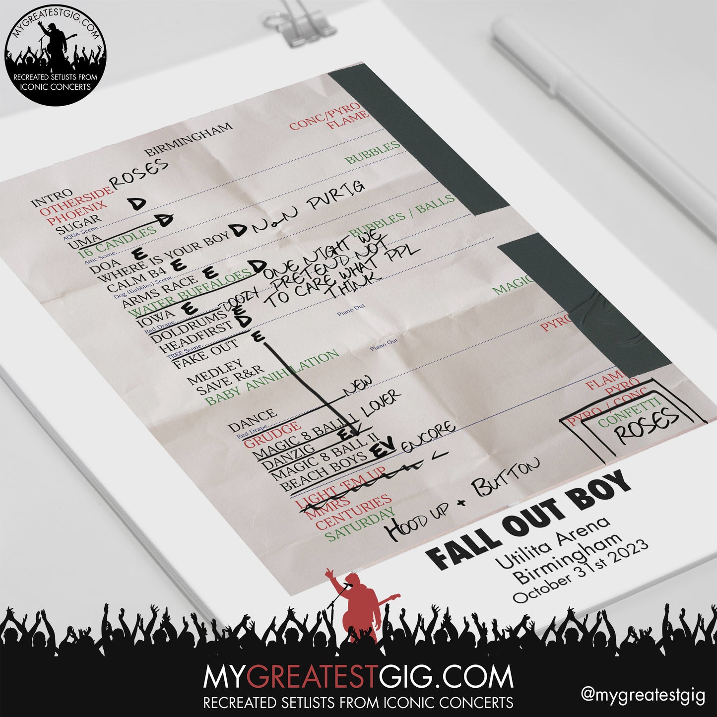Fall Out Boy - Birmingham - October 31st 2023 Recreated Setlist Poster