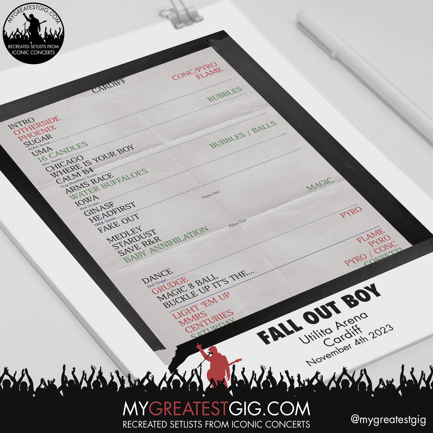 Fall Out Boy - Cardiff - November 4th 2023 Recreated Setlist Poster
